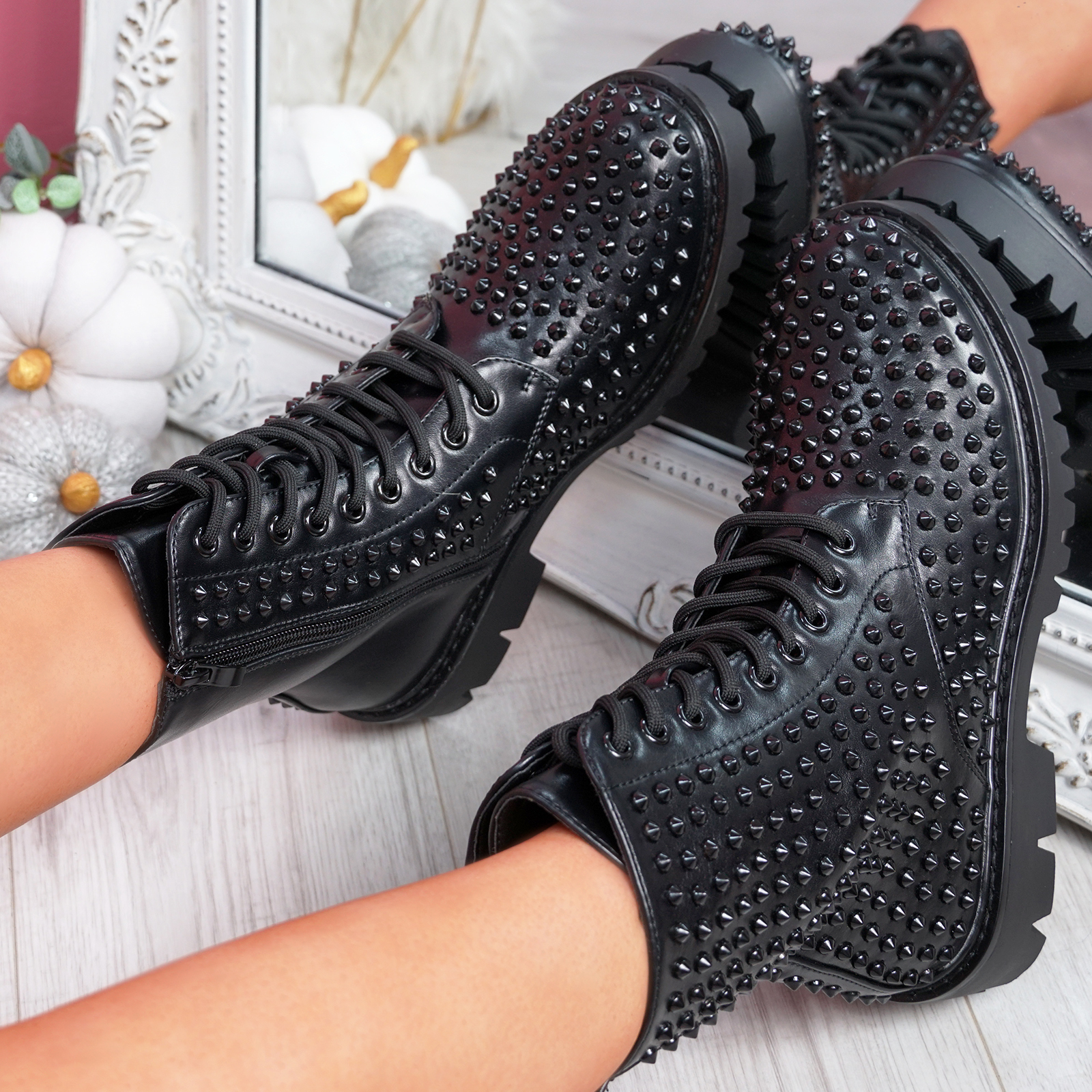 WOMENS LADIES SPIKE STUDS ANKLE BOOTS BIKER LACE UP ZIP PUNK WOMEN ANKLE SHOES