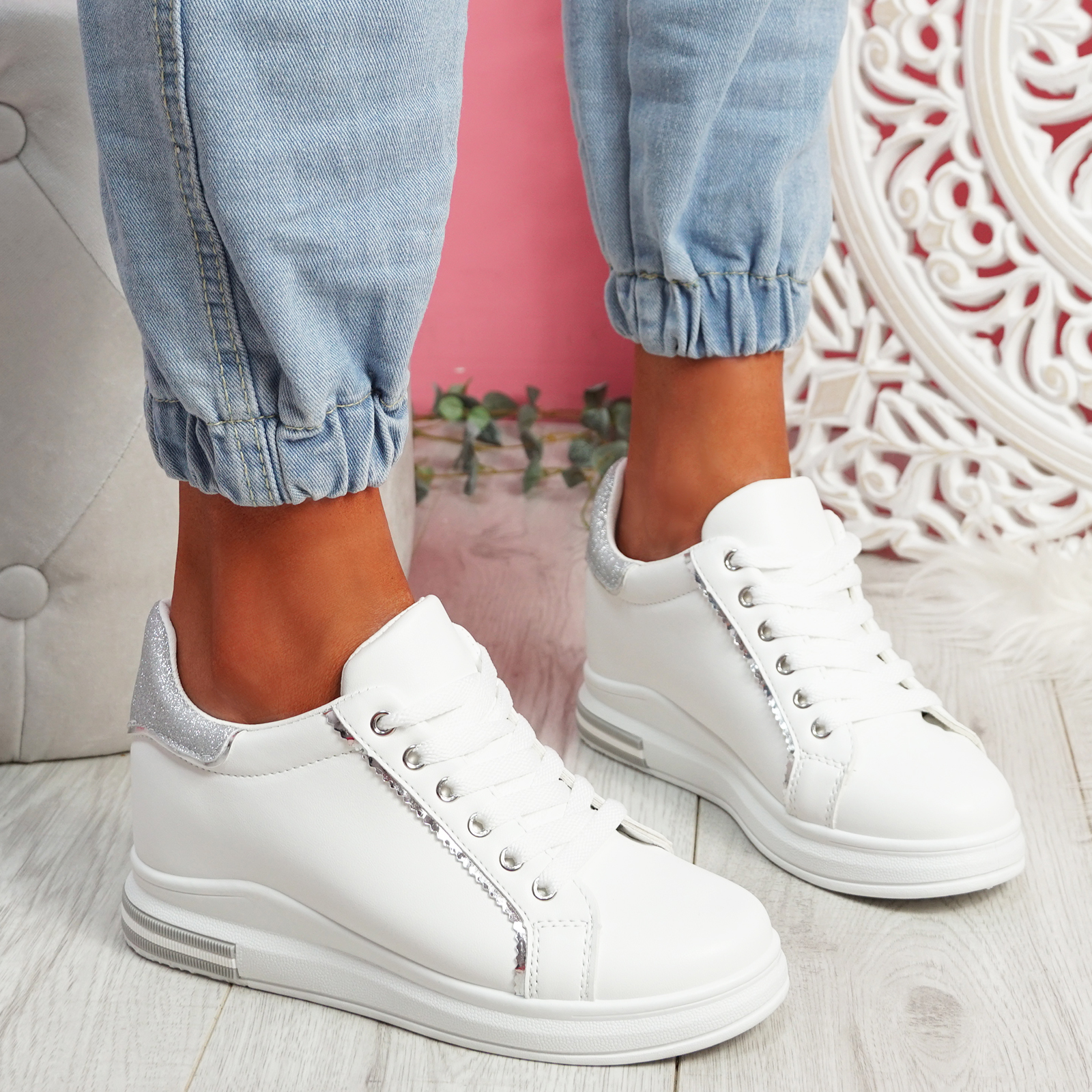 WOMENS LADIES GLITTER LACE UP TRAINERS WEDGE SNEAKERS PLIMSOLLS WOMEN ...