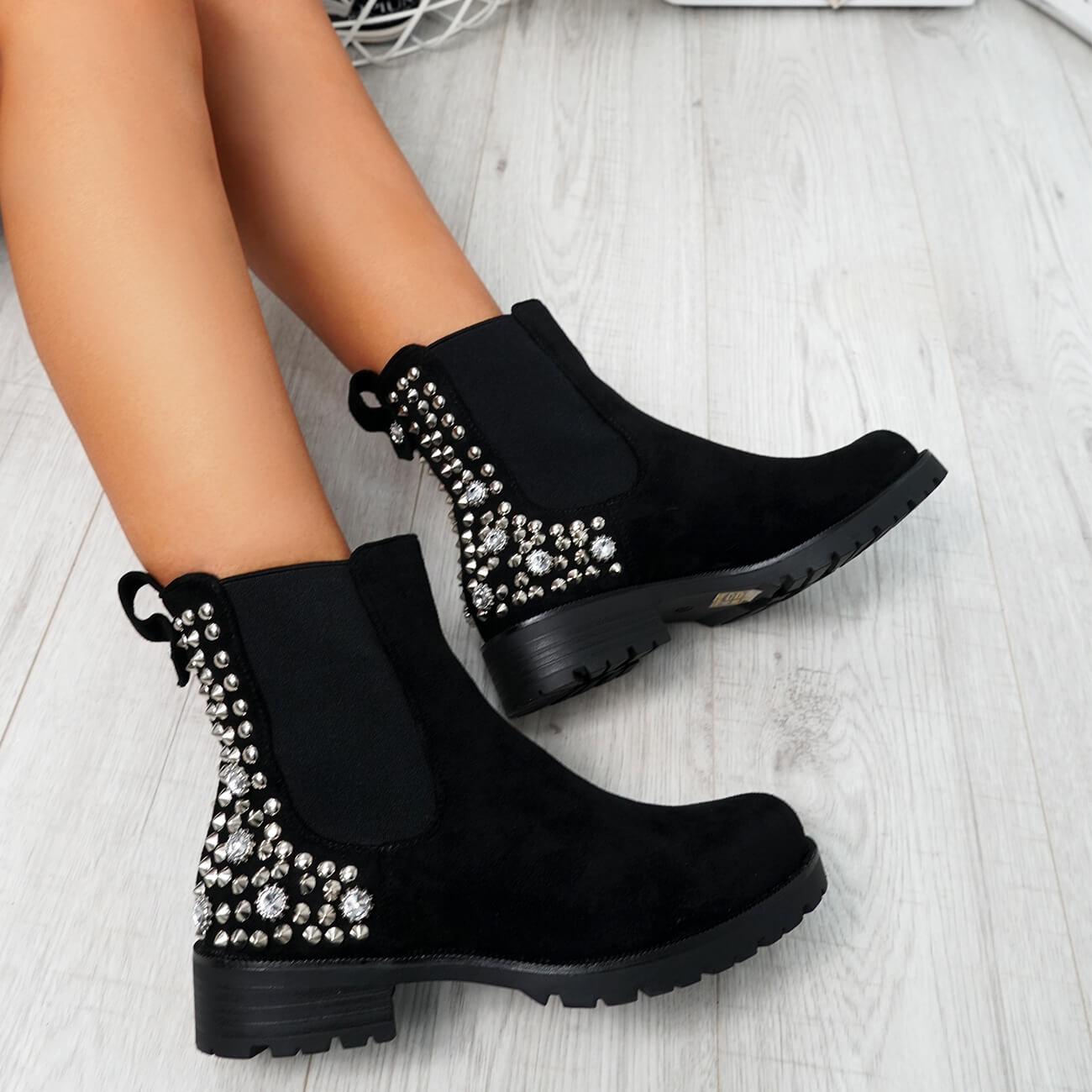 WOMENS LADIES CHELSEA ANKLE BOOTS SPIKE DIAMANTE STUDDED LOW HEEL SHOES ...