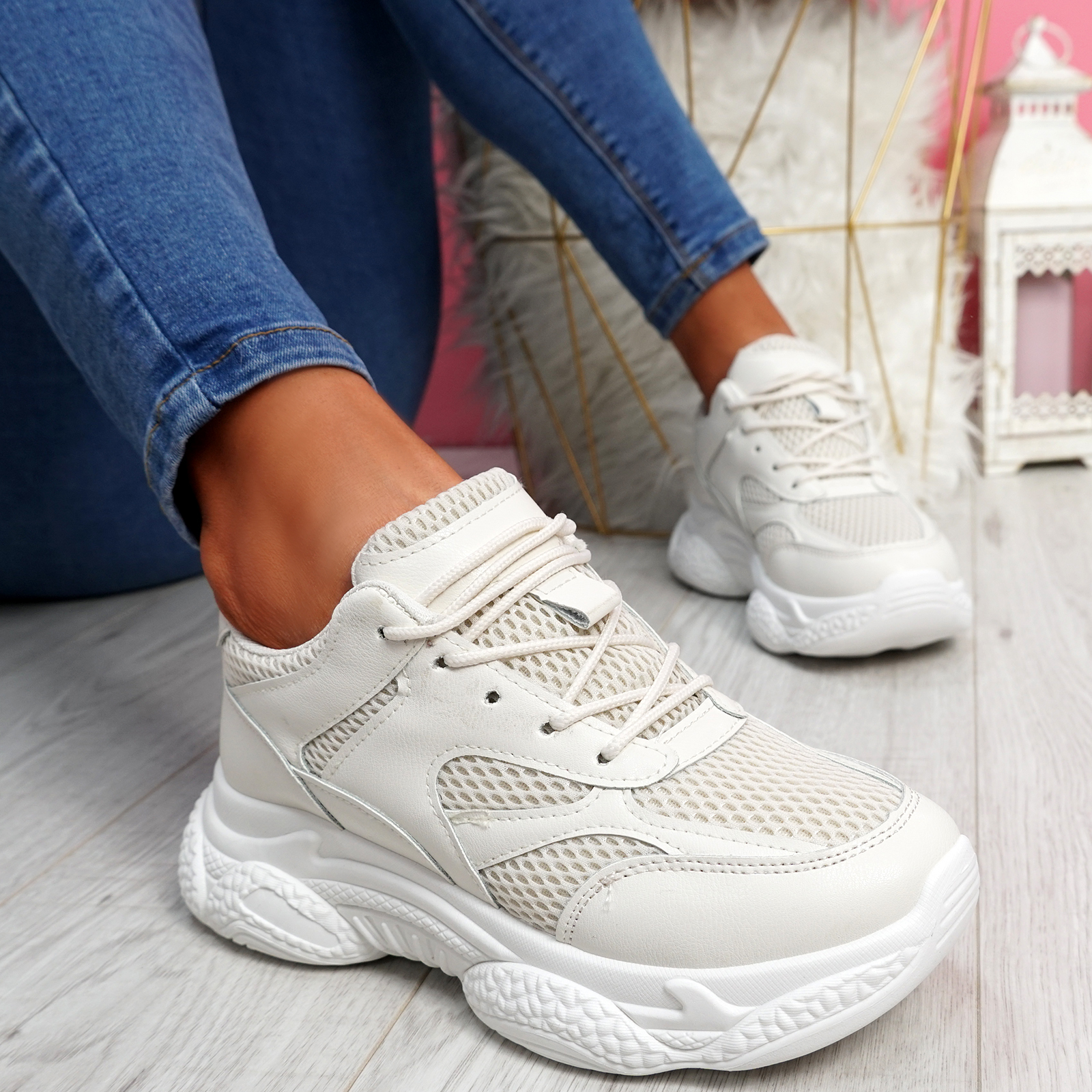 WOMENS LADIES LACE UP MESH CHUNKY TRAINERS PARTY SNEAKERS PLATFORM ...