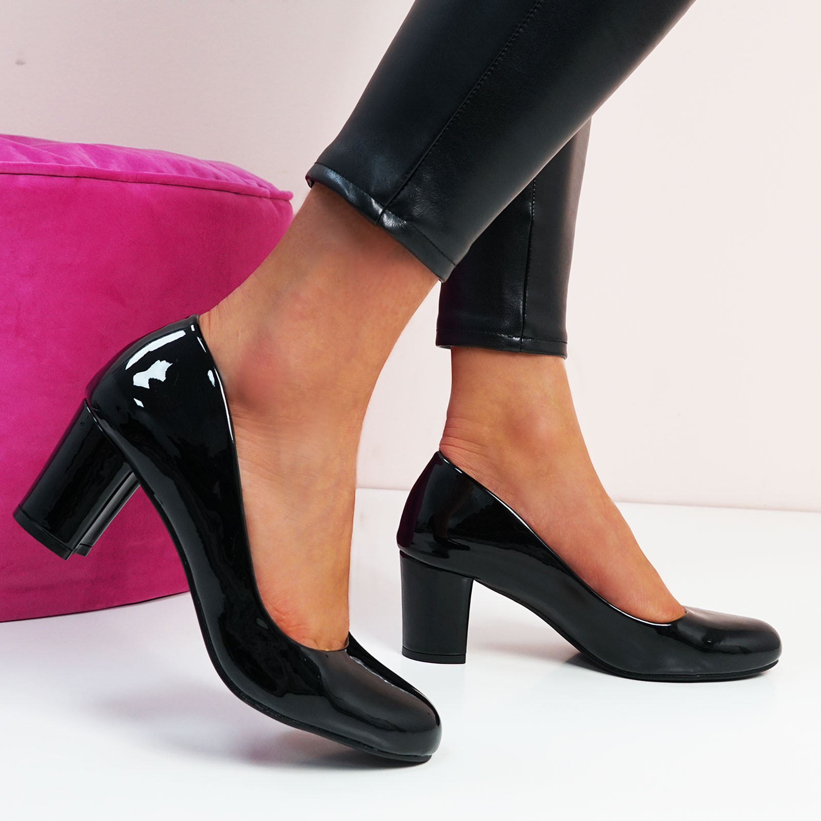 Patent Leather Block Heels - Black