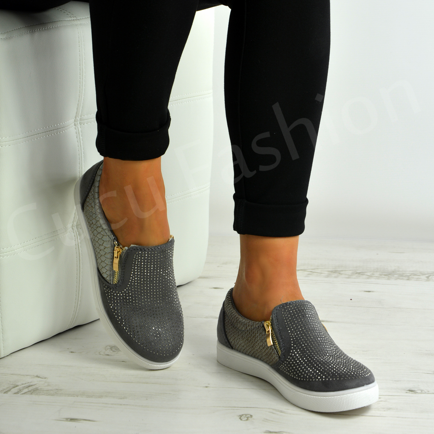 New Womens Ladies Slip On Studded Flat Trainers Zip Shoes Size Uk 3-8 ...