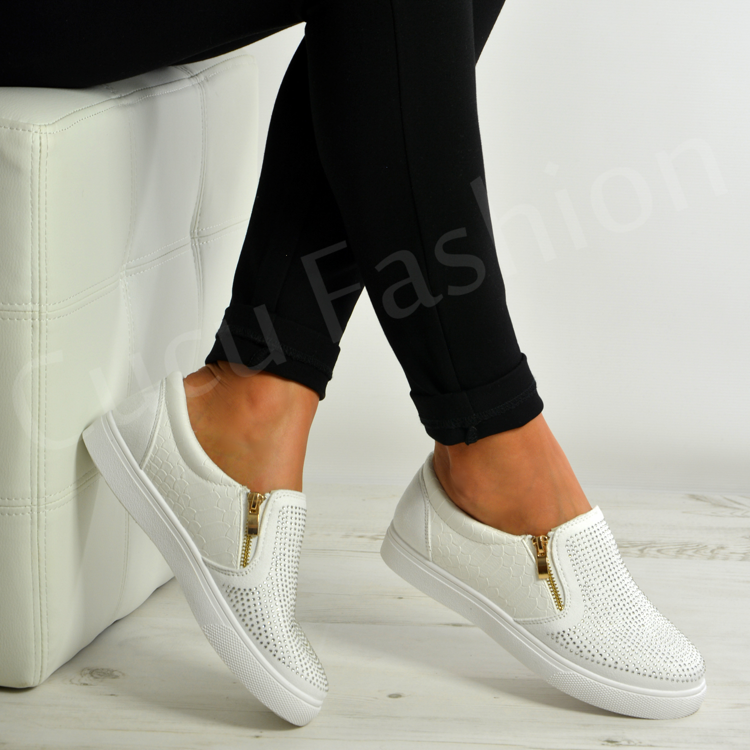 New Womens Ladies Slip On Studded Flat Trainers Zip Shoes Size Uk 3-8 ...