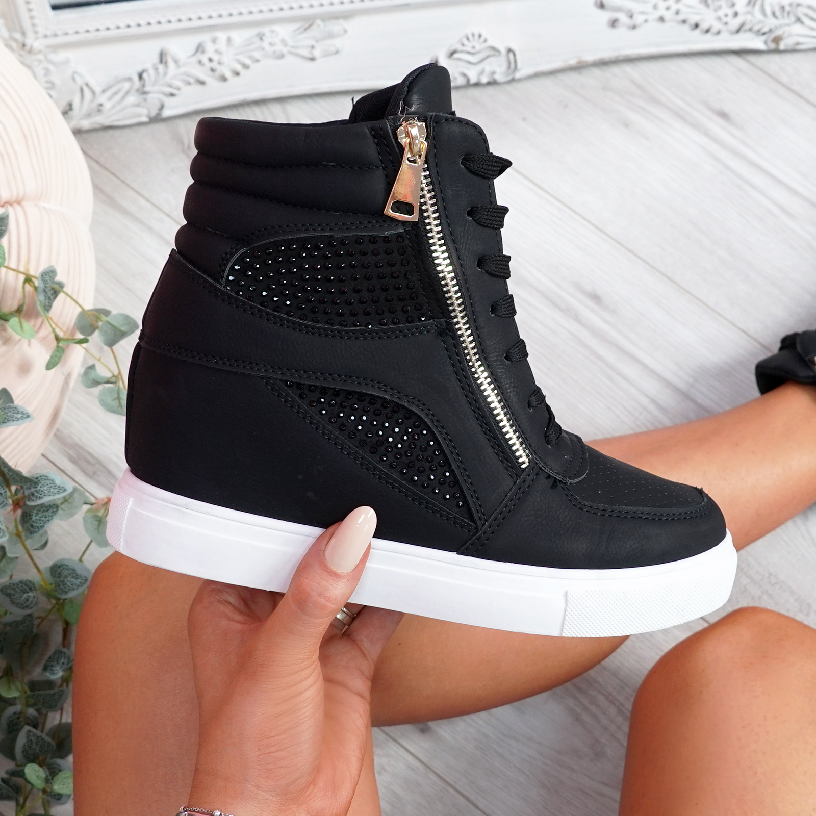Womens Ladies Wedge Heel Platform Lace Up Zip High Top Ankle Stud Trainers Boots 