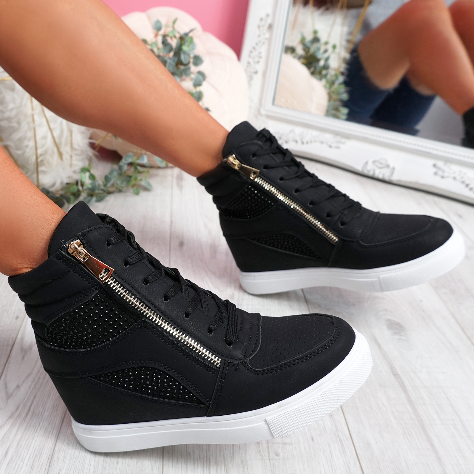 WOMENS LADIES ZIP STUDDED HIGH TOP ANKLE TRAINERS PARTY SNEAKERS WOMEN ...