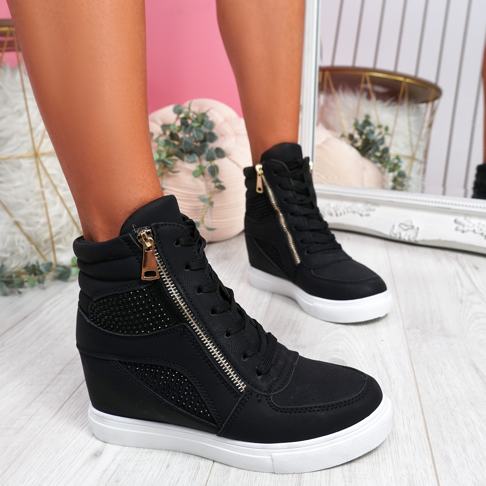 WOMENS LADIES ZIP STUDDED HIGH TOP ANKLE TRAINERS PARTY SNEAKERS WOMEN