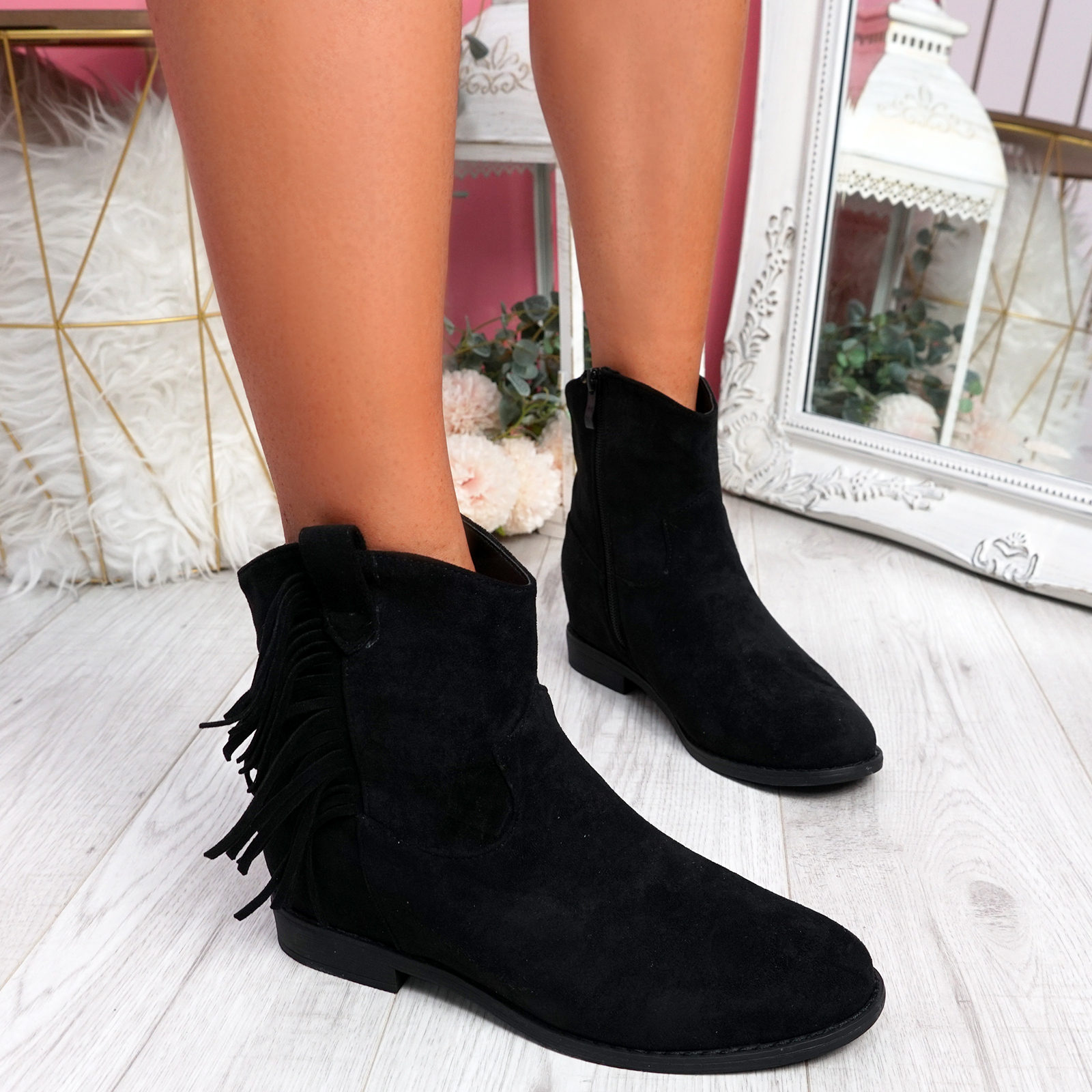 WOMENS LADIES SIDE ZIP FRINGE LOW HEEL ANKLE BOOTS FAUX SUEDE CASUAL ...