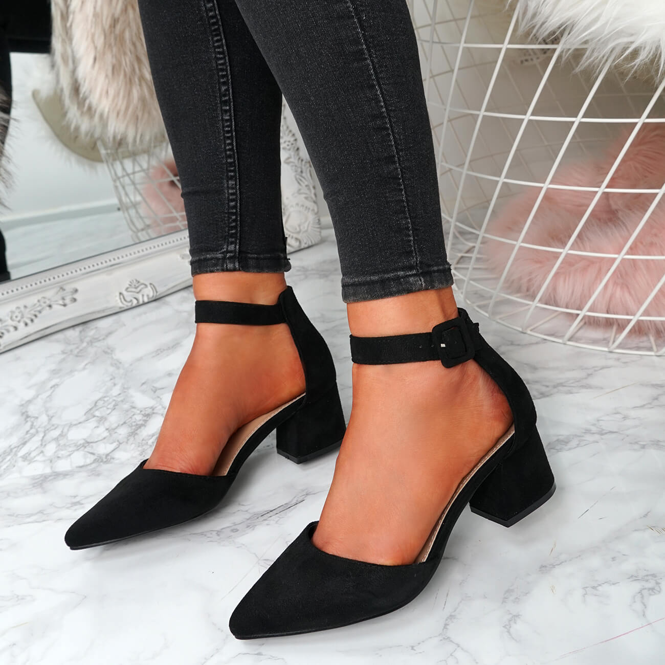 WOMENS LADIES ANKLE STRAP POINTED TOE HEEL PUMPS BLOCK HEELS SHOES SIZE