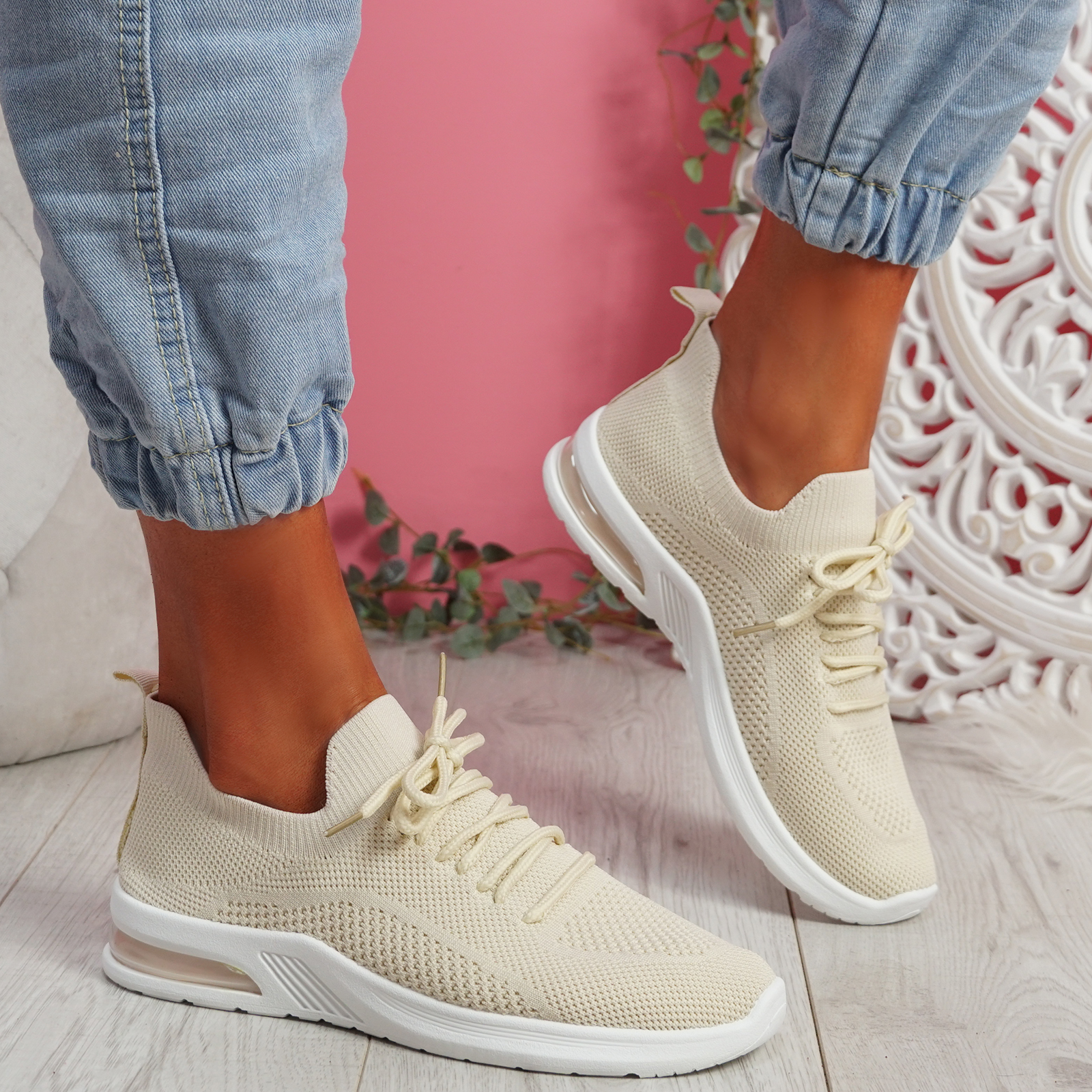 WOMENS LADIES KNIT LACE TRAINERS LOW HEEL RUNNING SNEAKERS FASHION ...
