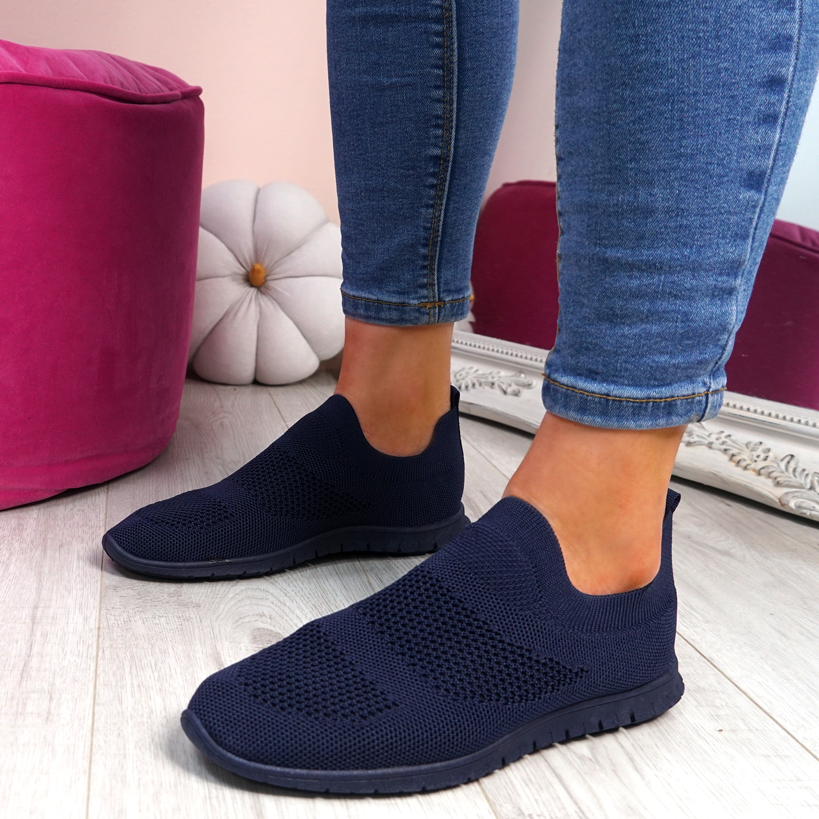 WOMENS LADIES SLIP ON KNIT TRAINERS RUNNING GYM SNEAKERS SPORTS WOMEN ...