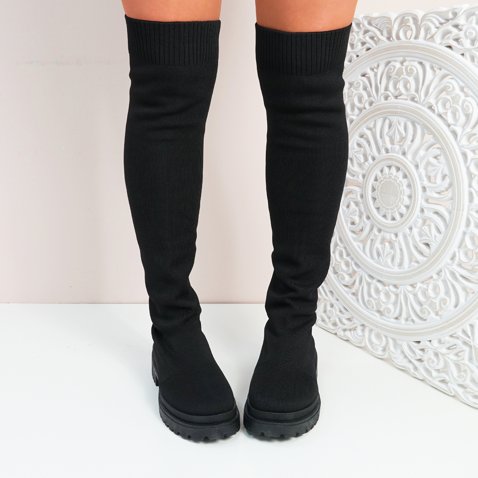 WOMENS LADIES OVER THE KNEE KNIT BOOTS CHUNKY SOLE OTK KNEE HIGH WOMEN ...