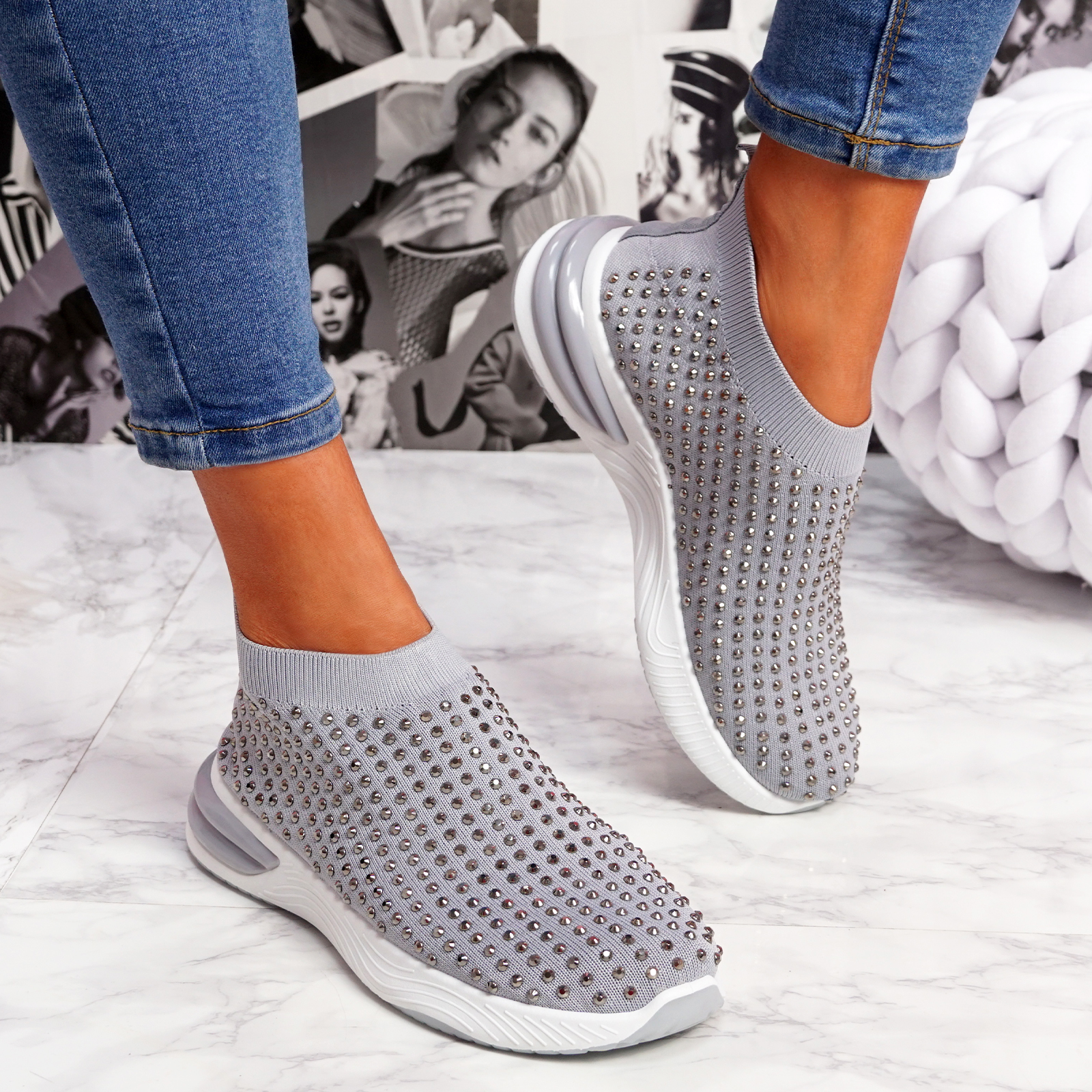 WOMENS LADIES DIAMANTE STUDDED SOCK SLIP ON SNEAKERS PARTY TRAINERS ...