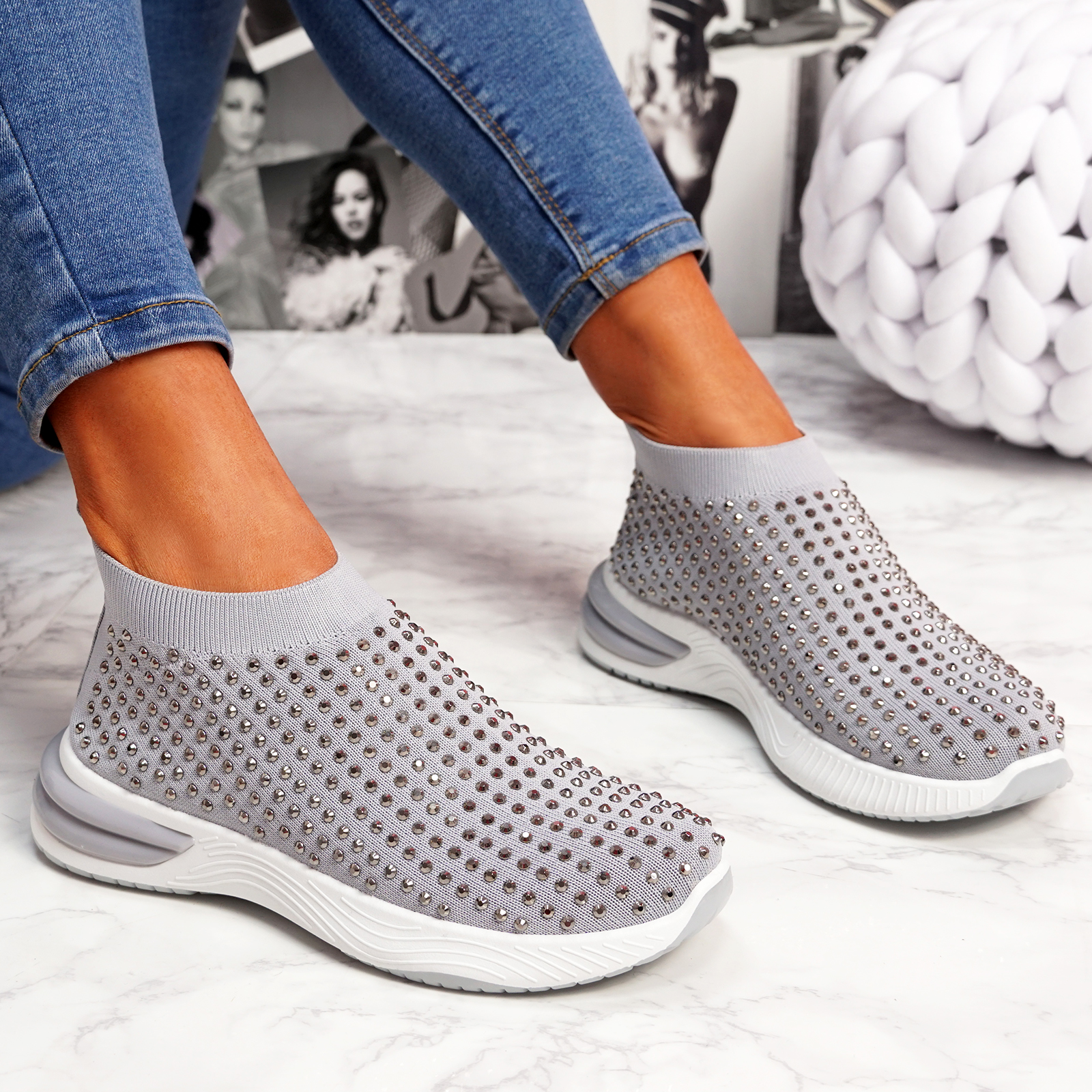 WOMENS LADIES DIAMANTE STUDDED SOCK SLIP ON SNEAKERS PARTY TRAINERS ...