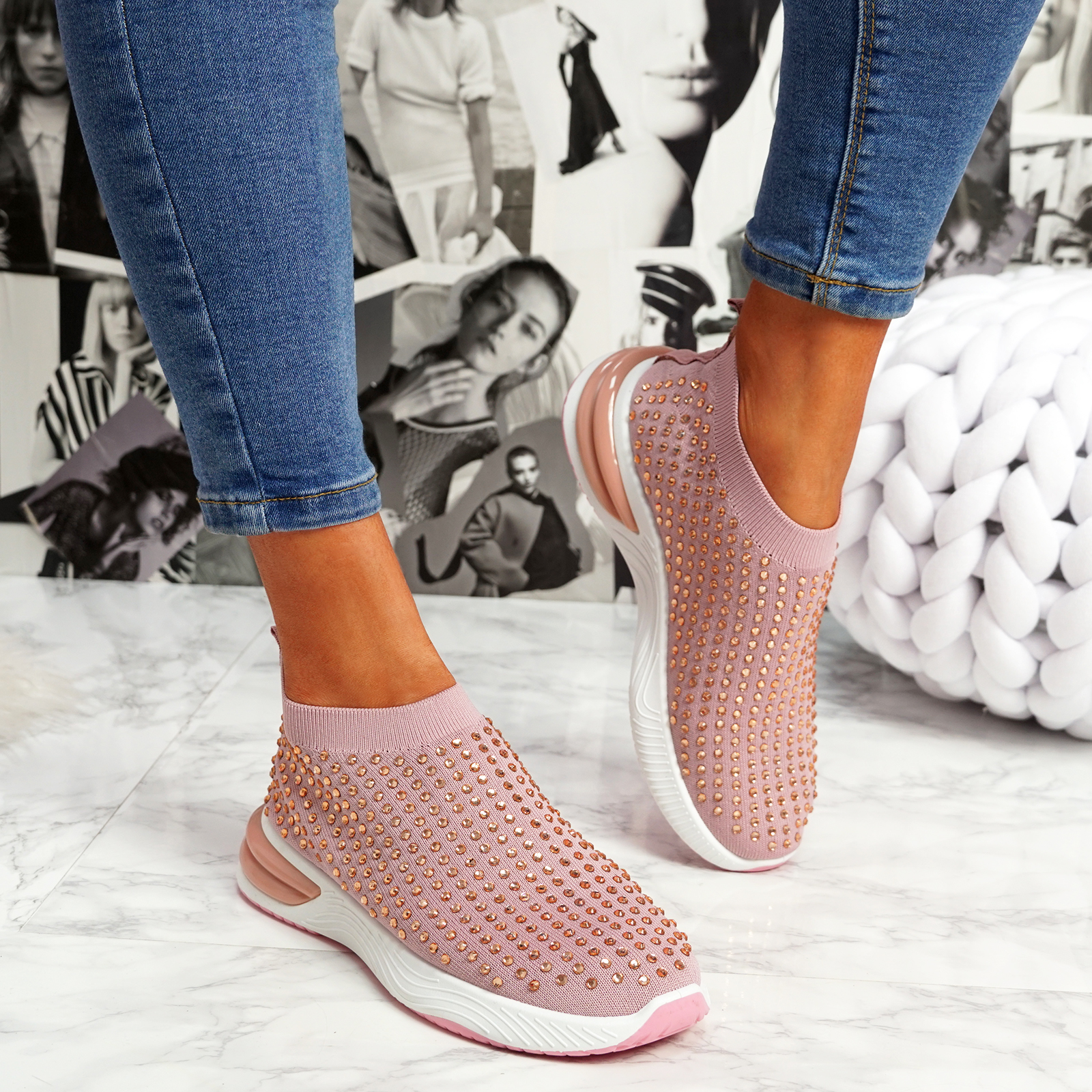 WOMENS LADIES DIAMANTE STUDDED SOCK SLIP ON SNEAKERS PARTY TRAINERS WOMEN  SHOES