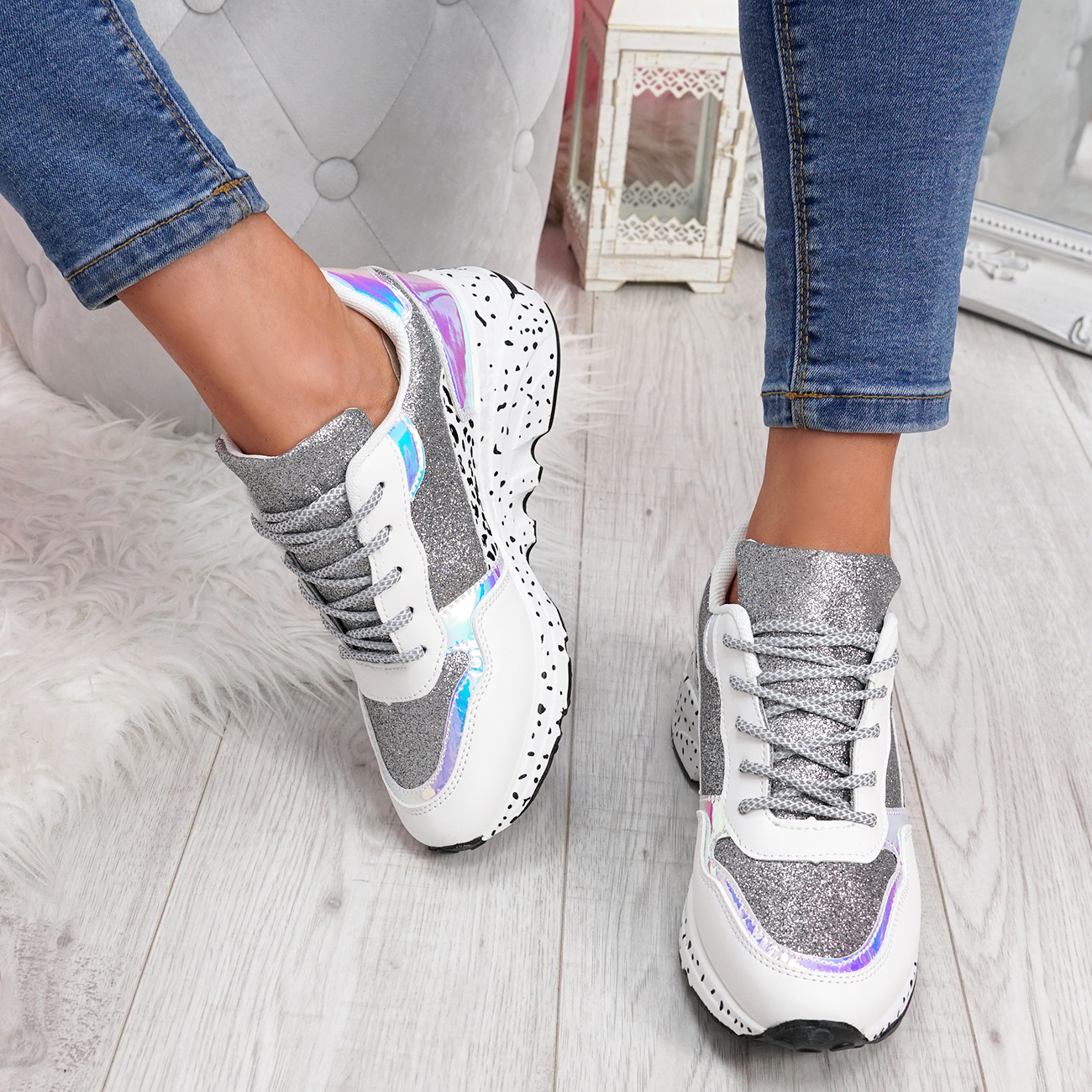WOMENS LADIES GLITTER SPARKLE LACE UP TRAINERS CHUNKY SNEAKERS PARTY ...