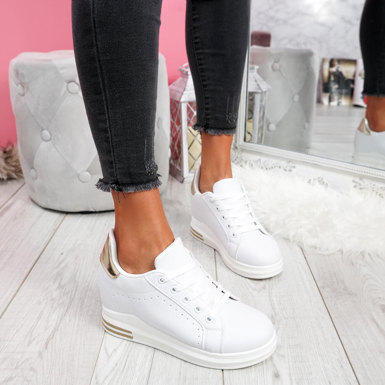 WOMENS LADIES LACE UP WEDGE TRAINERS HEEL SNEAKERS SHINY PARTY WOMEN ...