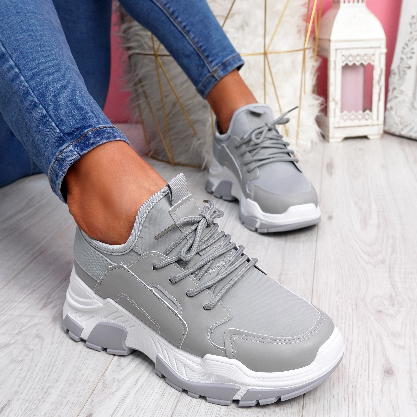 WOMENS LADIES SPORT CHUNKY TRAINERS LACE UP PARTY WOMEN SHOES SIZE UK ...