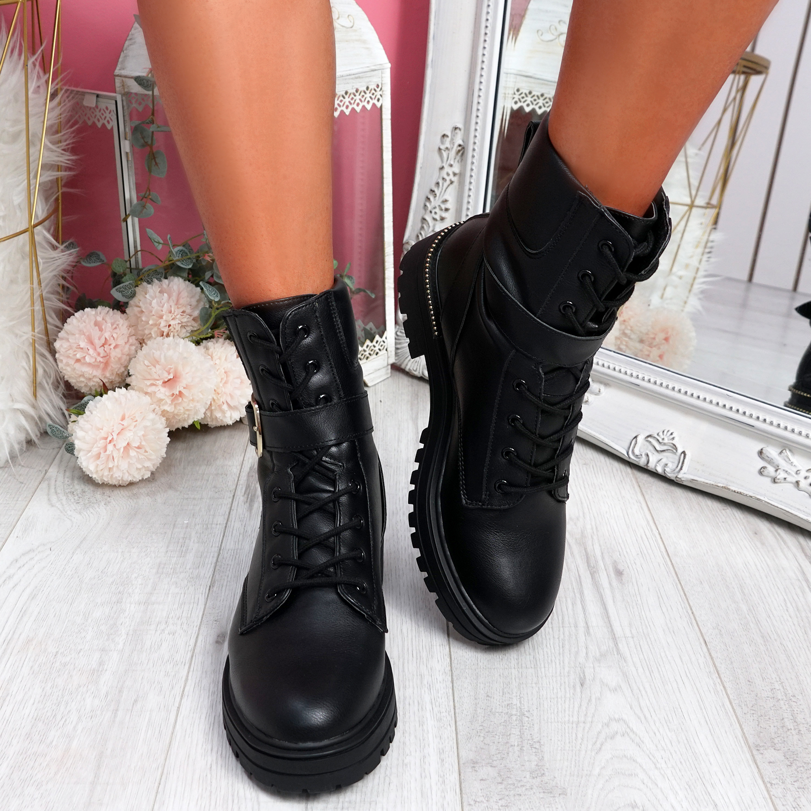 WOMENS LADIES BUCKLE LACE UP BIKER BOOTS STUDDED PARTY WOMEN BOOT SHOES SIZE | eBay