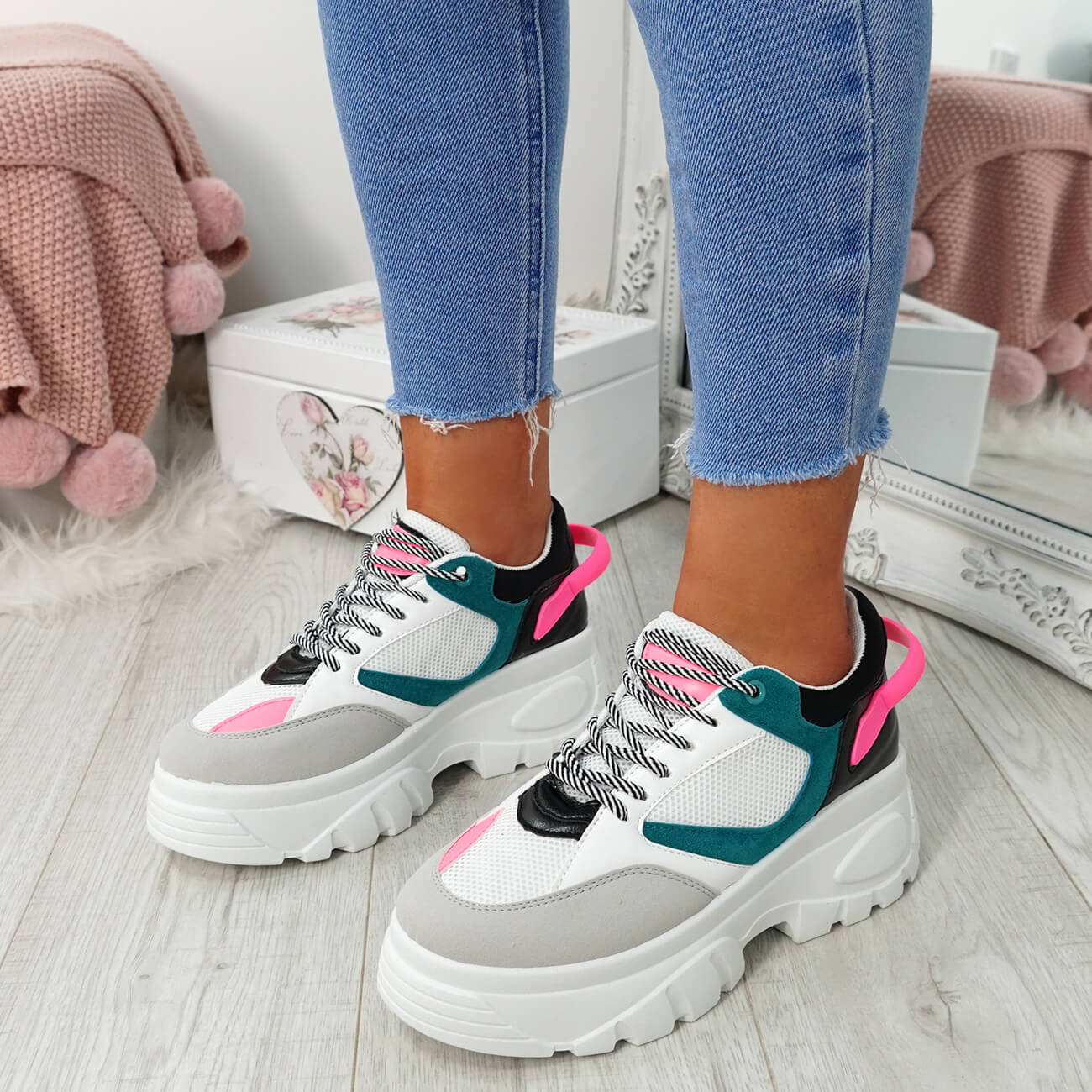 WOMENS LADIES LACE UP CHUNKY SNEAKERS MULTICOLOR TRAINERS PARTY SHOES ...