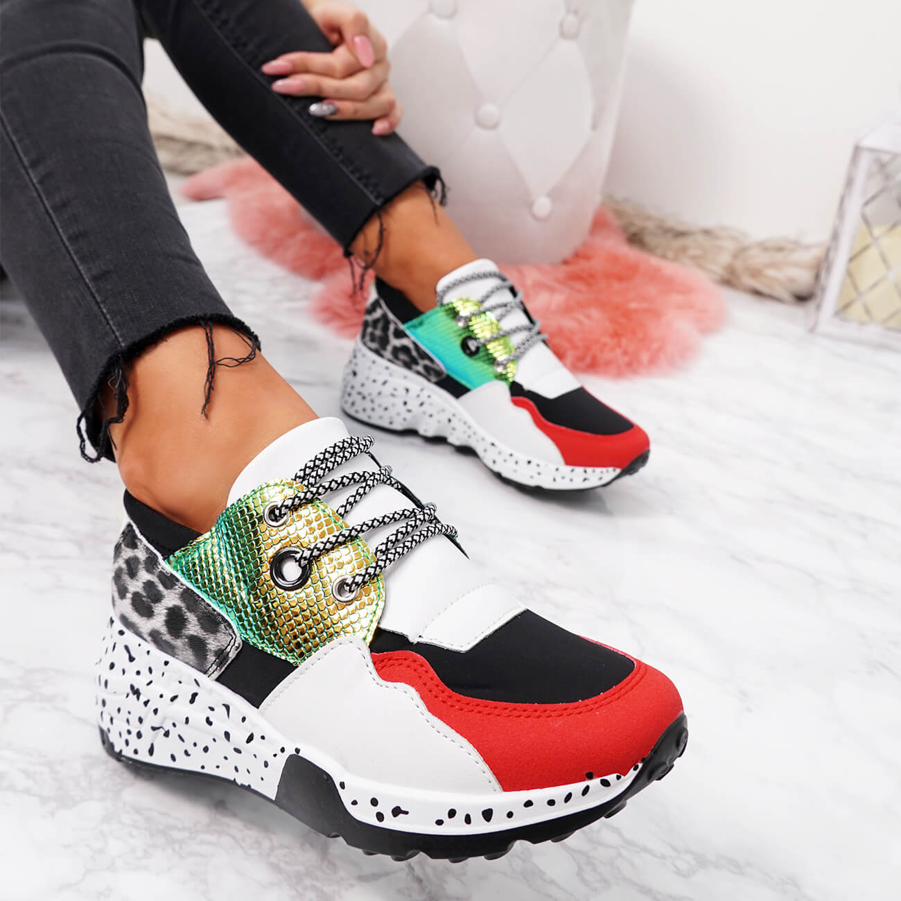 WOMENS LADIES LACE UP CHUNKY TRAINERS SPORTS FASHION SNEAKERS ANIMAL PRINT SHOES