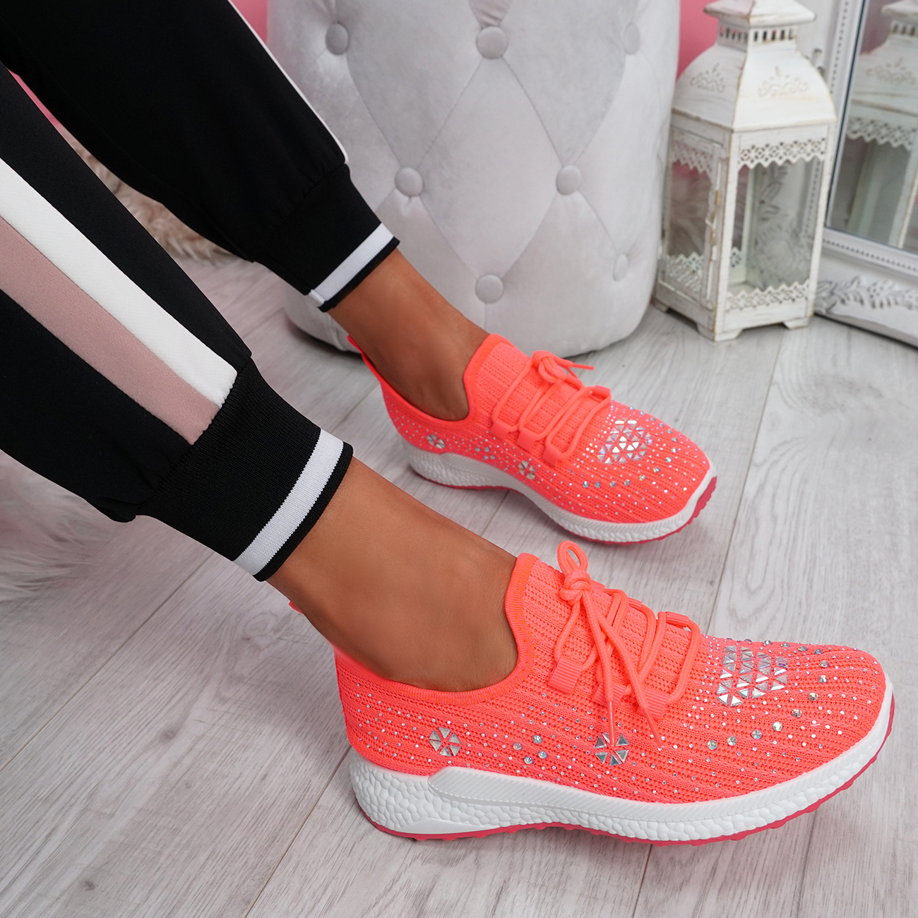 WOMENS LADIES KNIT DIAMANTE STUDDED SPORT TRAINERS SNEAKERS PARTY WOMEN ...