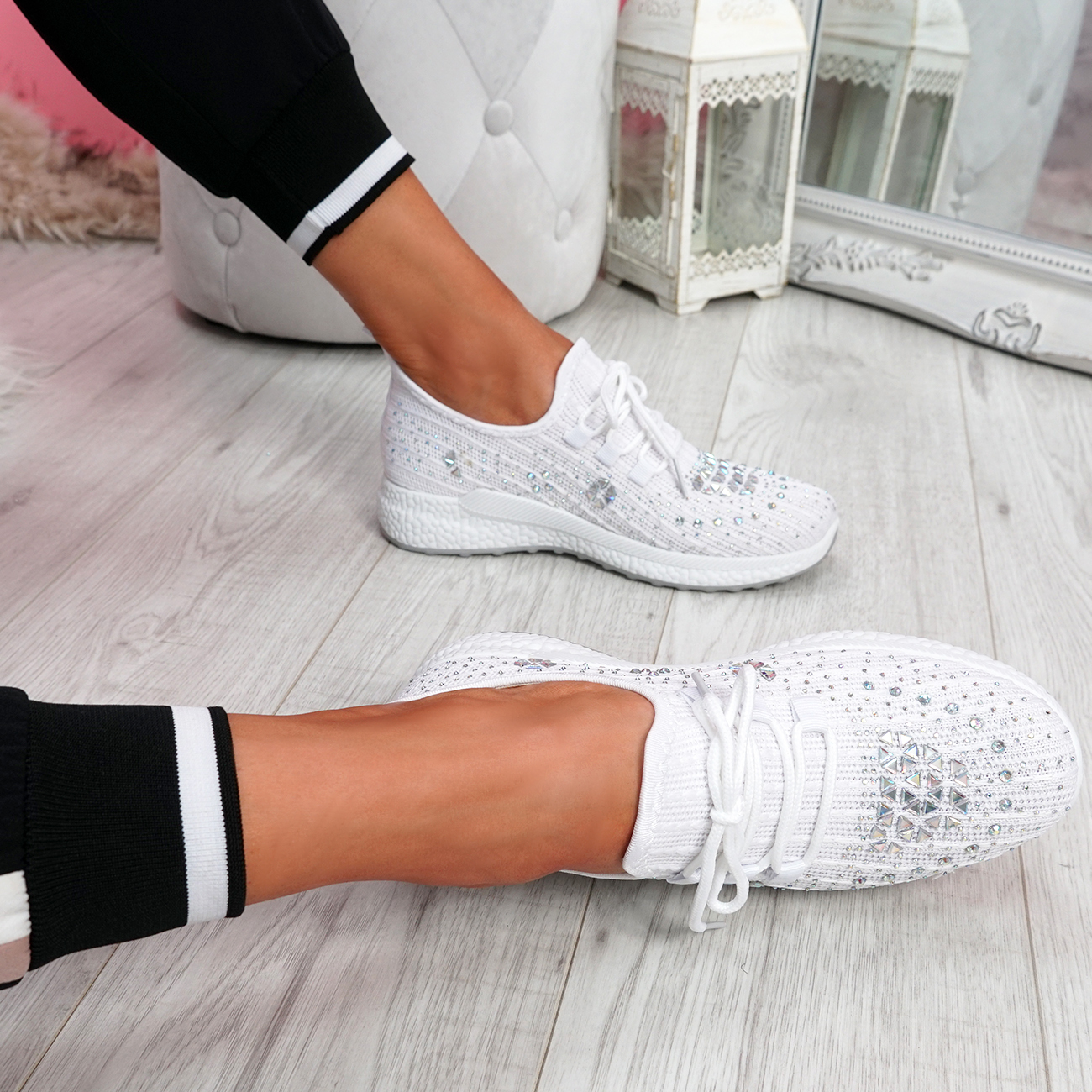 WOMENS LADIES KNIT DIAMANTE STUDDED SPORT TRAINERS SNEAKERS PARTY WOMEN ...
