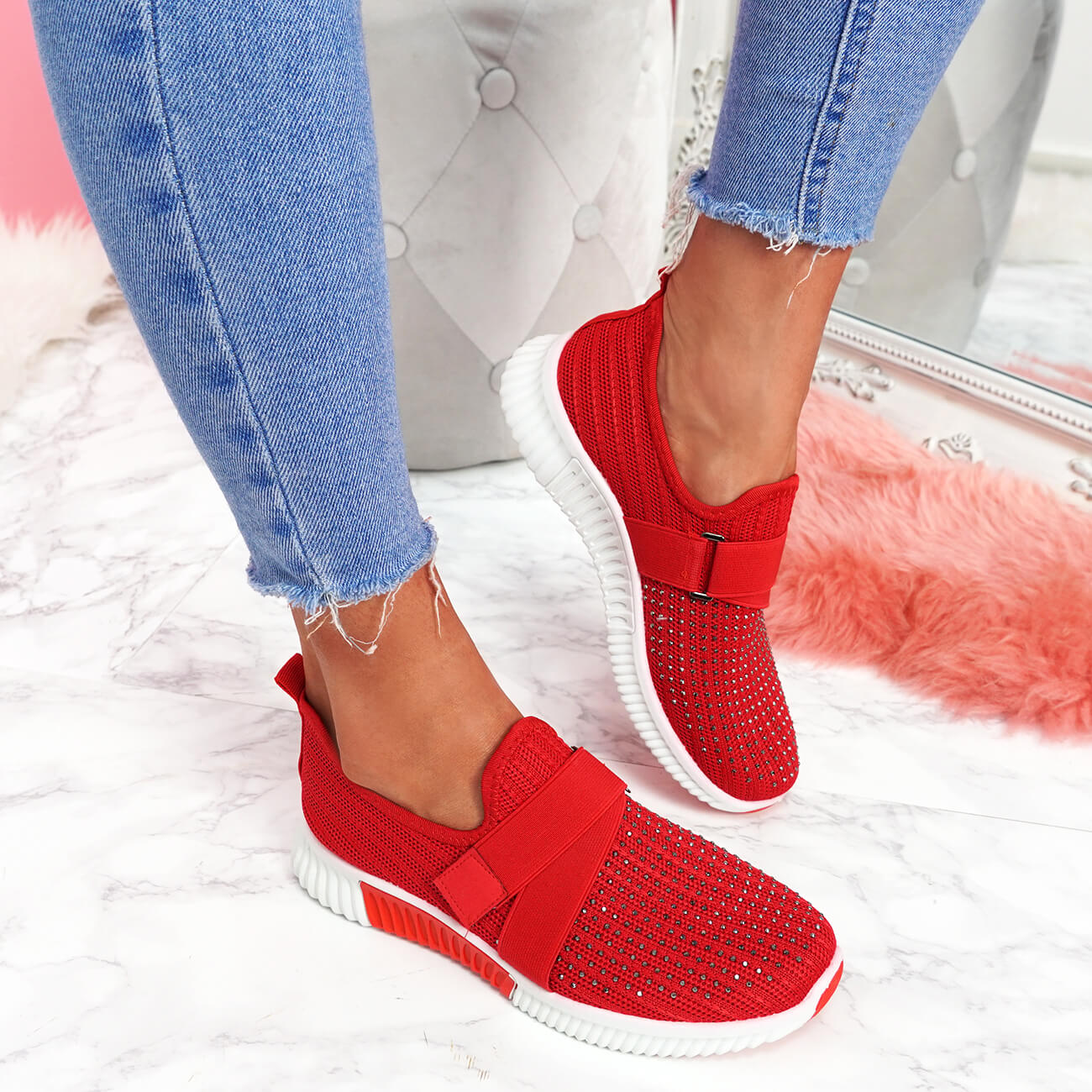 WOMENS LADIES KNIT SLIP ON TRAINERS DIAMANTE STUDS WOMEN PARTY SNEAKERS ...