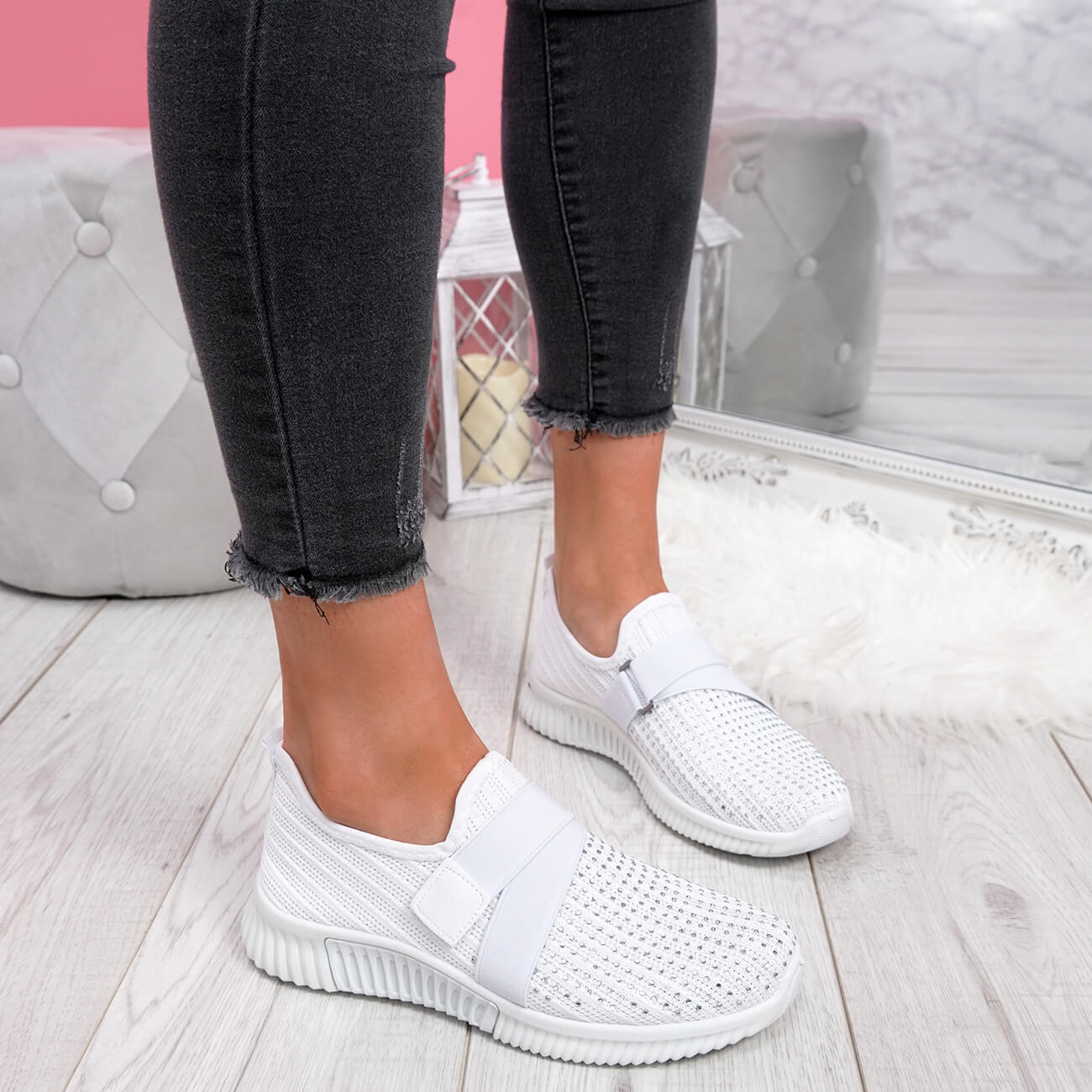 WOMENS LADIES KNIT SLIP ON TRAINERS DIAMANTE STUDS WOMEN PARTY SNEAKERS ...