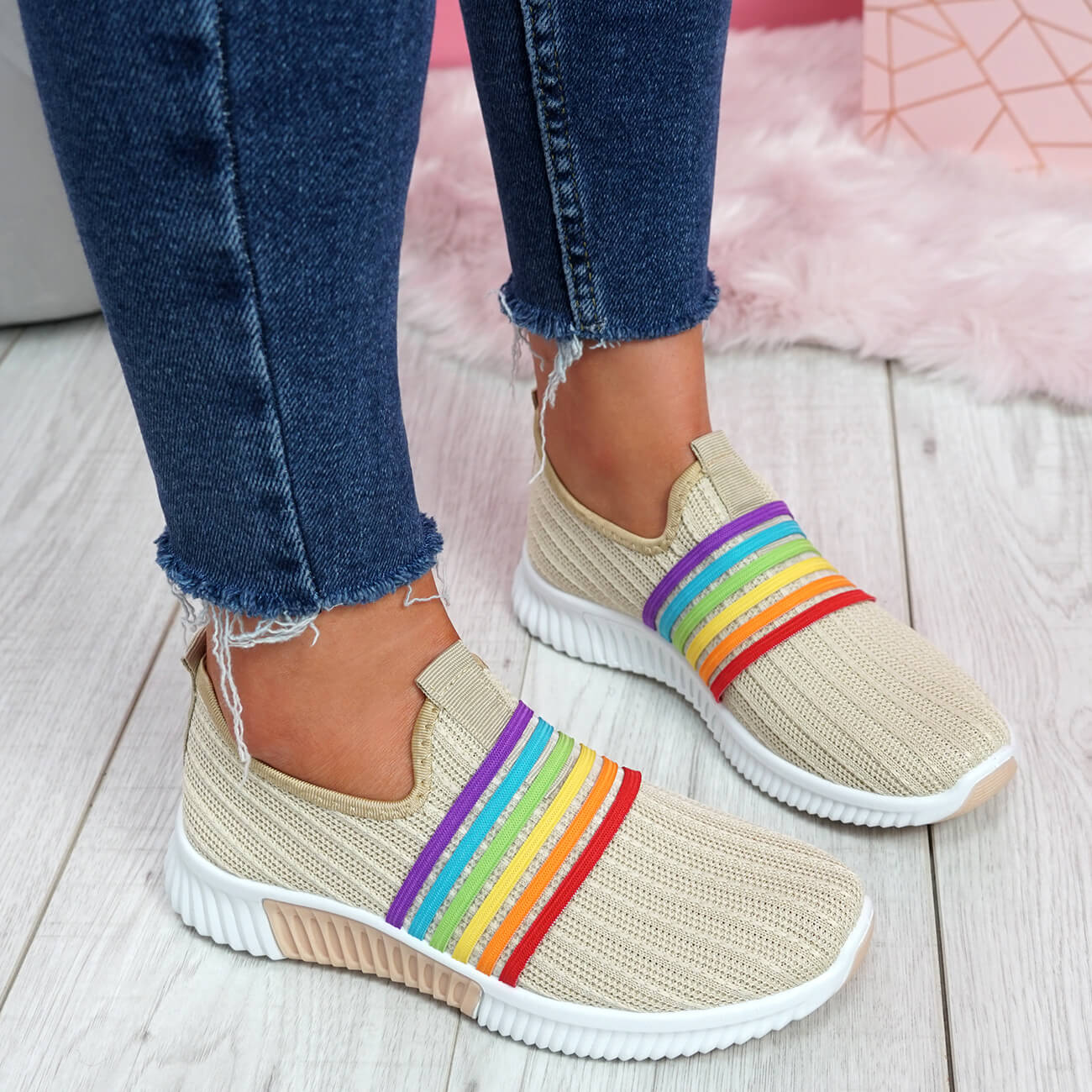 WOMENS LADIES SLIP ON RAINBOW SIZE TRAINERS PARTY SHOES HEEL WOMEN KNIT