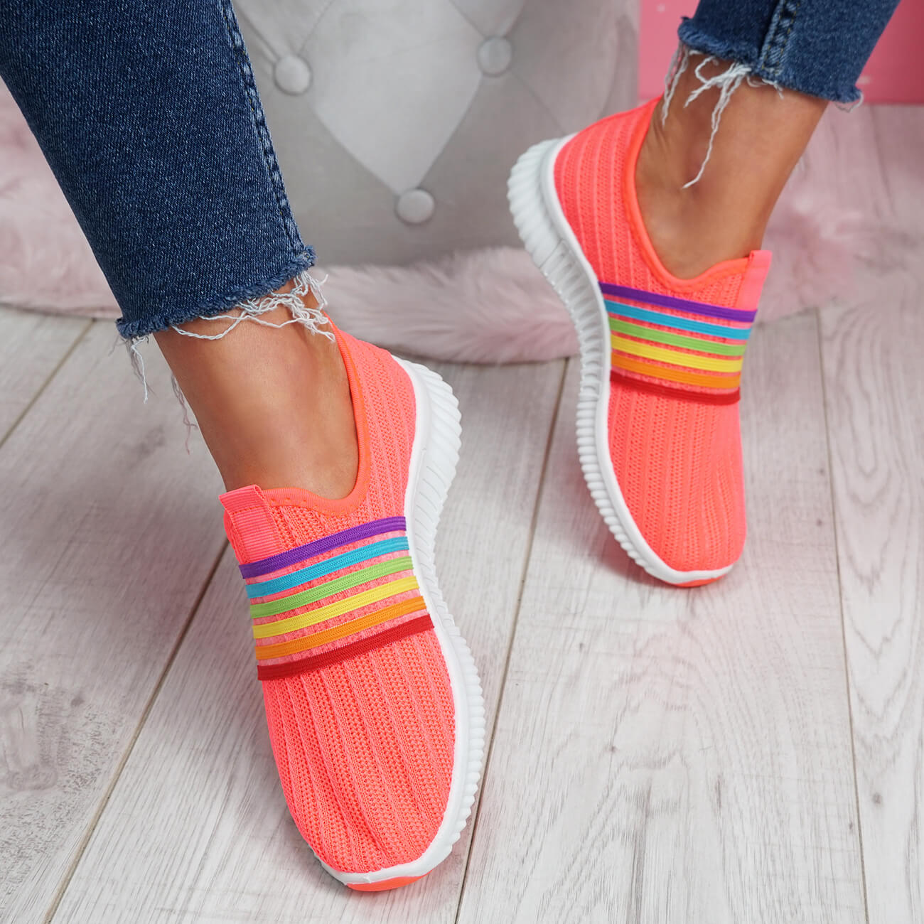 WOMENS LADIES SLIP ON RAINBOW SIZE TRAINERS PARTY SHOES HEEL WOMEN KNIT