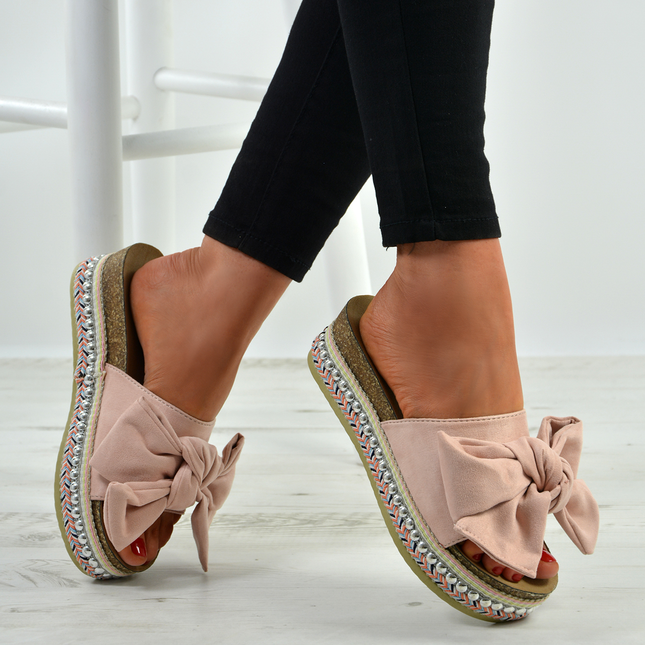New Womens Bow Flatform Sandals Peep Toe Ladies Pearl Stud Wedges Shoes ...