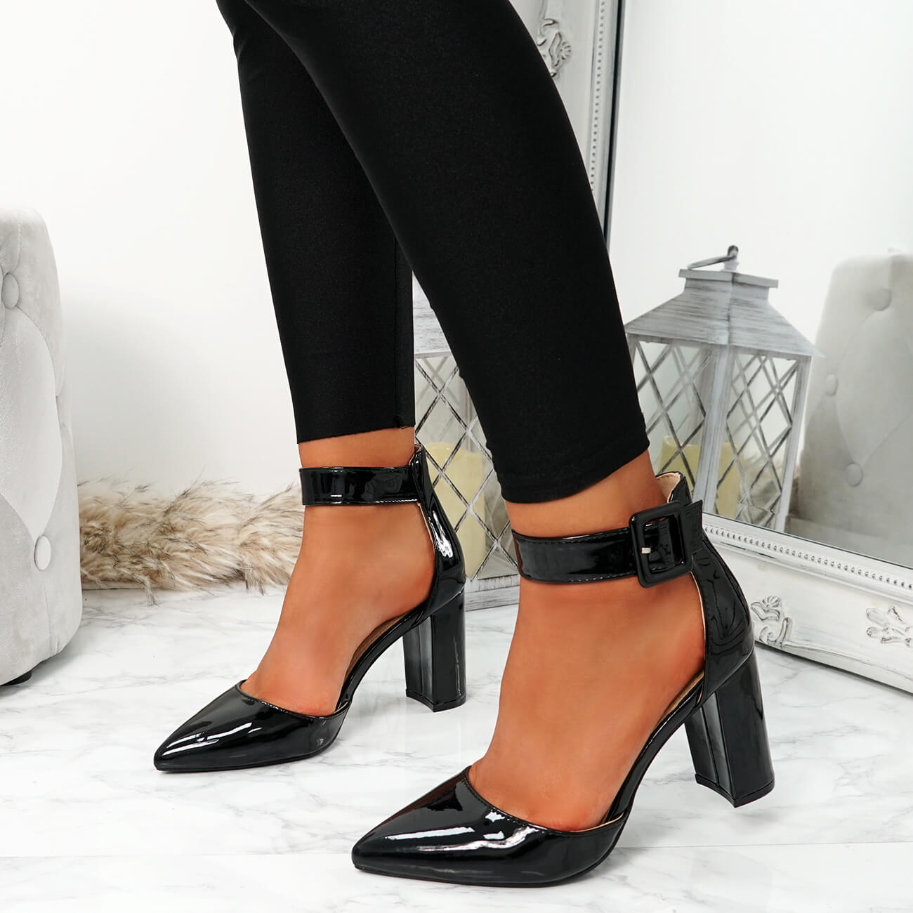 Women Elegant High Heels Ankle Strap Pointed Toe Block High Heels Pumps Shoes F 