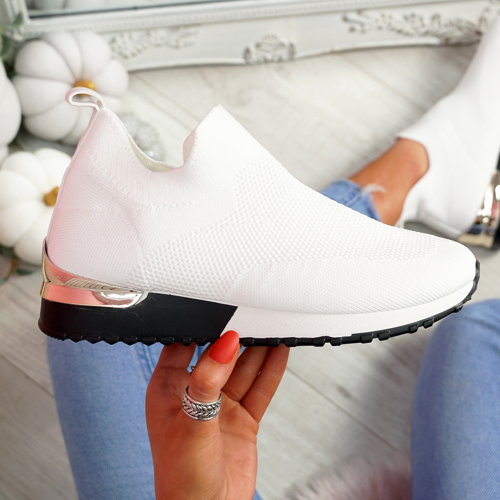 WOMENS LADIES SPORT SLIP ON TRAINERS KNIT SNEAKERS PULL ON WOMEN SHOES ...