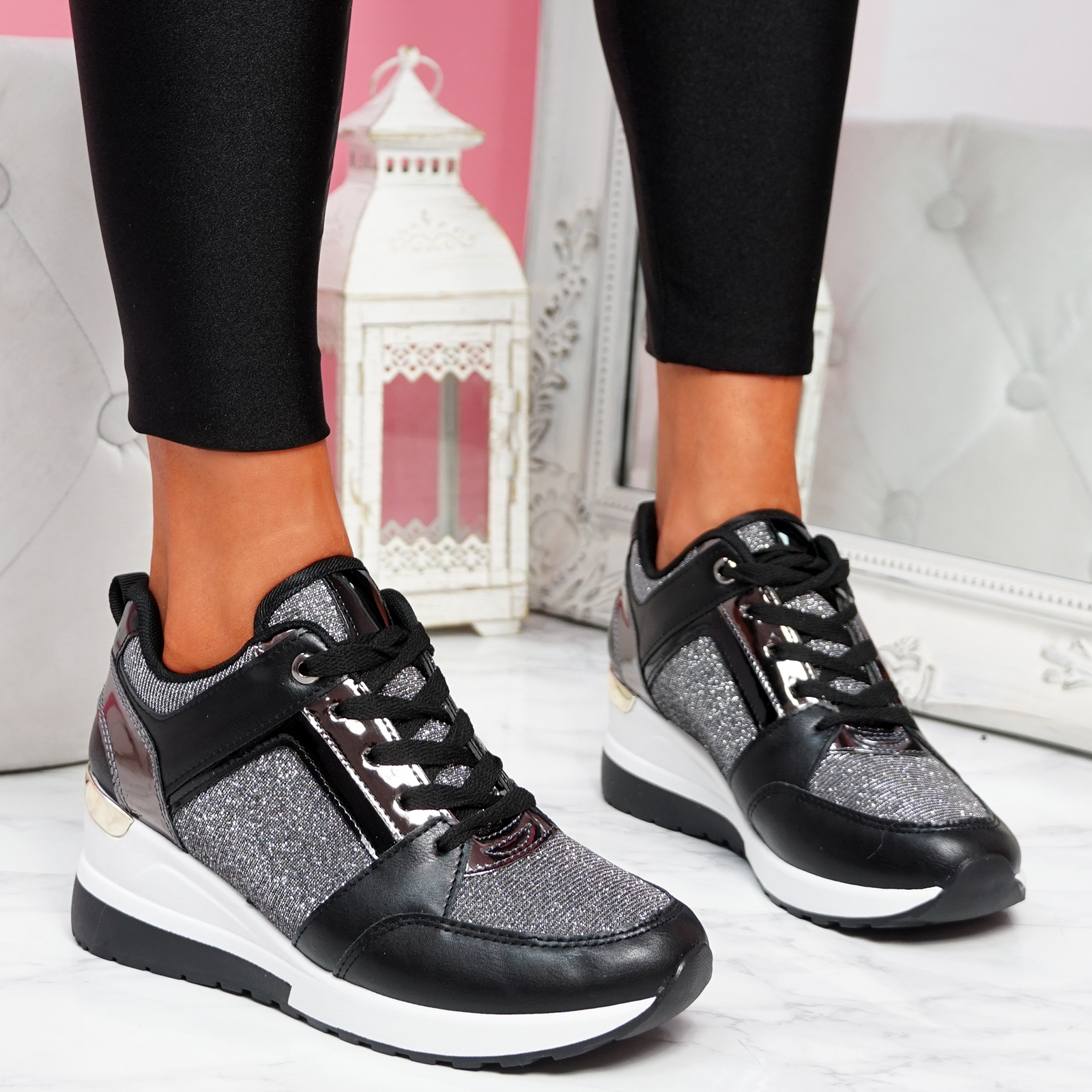 Trainers Sneakers Casual Sequin Wedge Chunky Sole Lace Up Shoes 