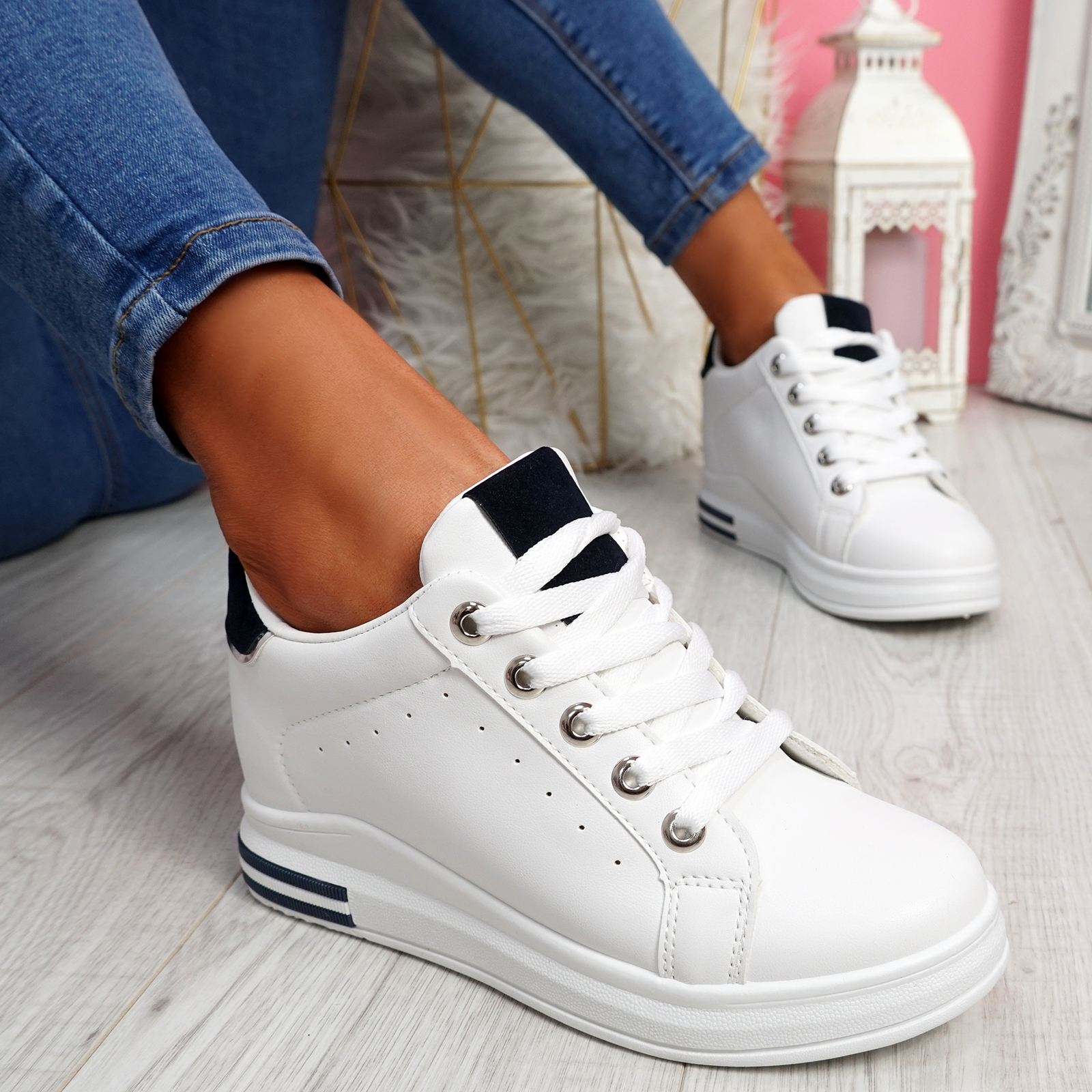 36 Womens White Lace Up Platform Plimsolls Trainers Sneakers Shoes Size UK 3