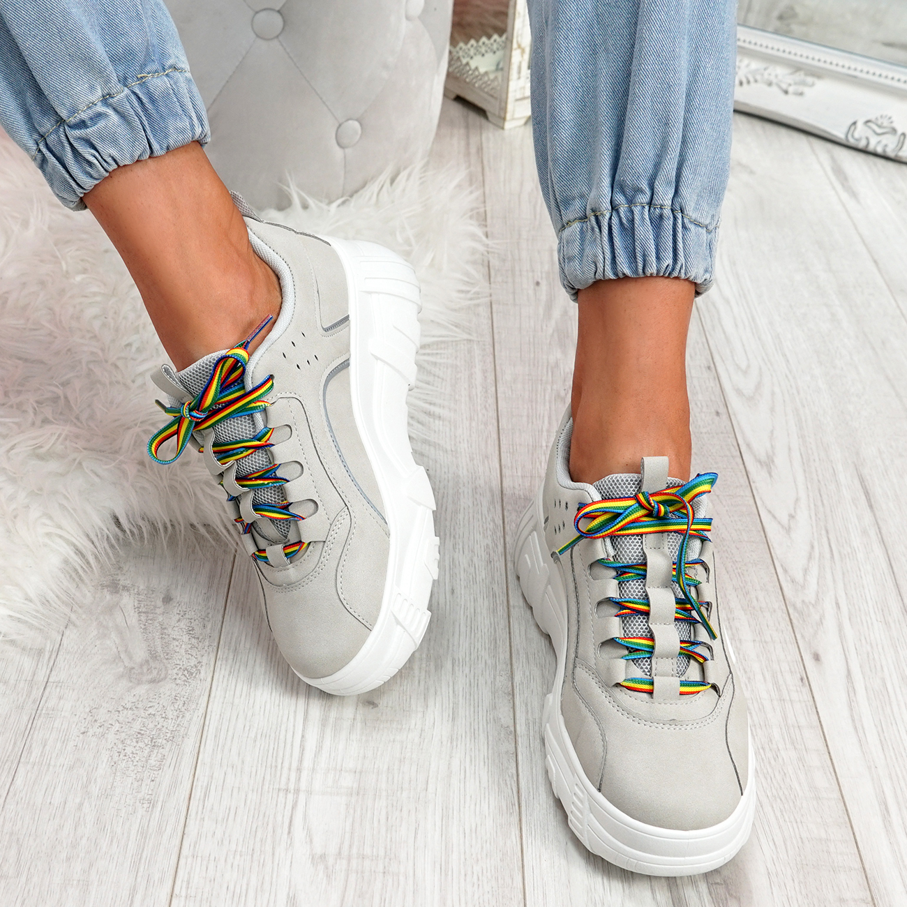 WOMENS LADIES CHUNKY PLATFORM TRAINERS RAINBOW LACE UP SNEAKERS PARTY ...