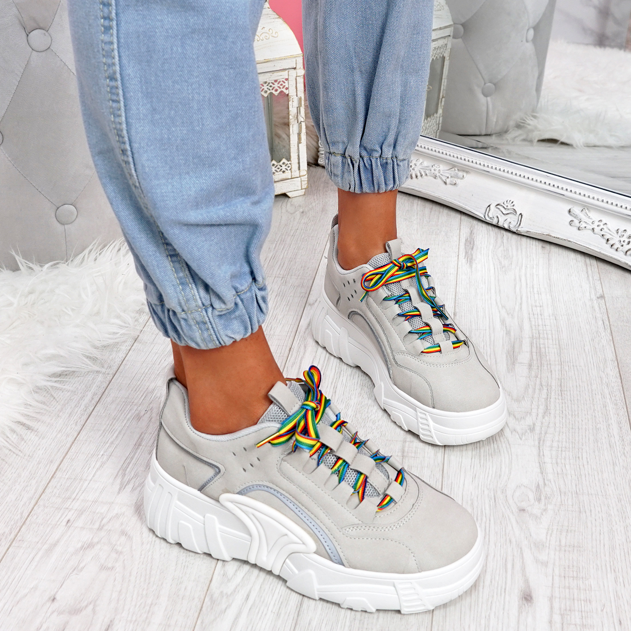 WOMENS LADIES CHUNKY PLATFORM TRAINERS RAINBOW LACE UP SNEAKERS PARTY ...