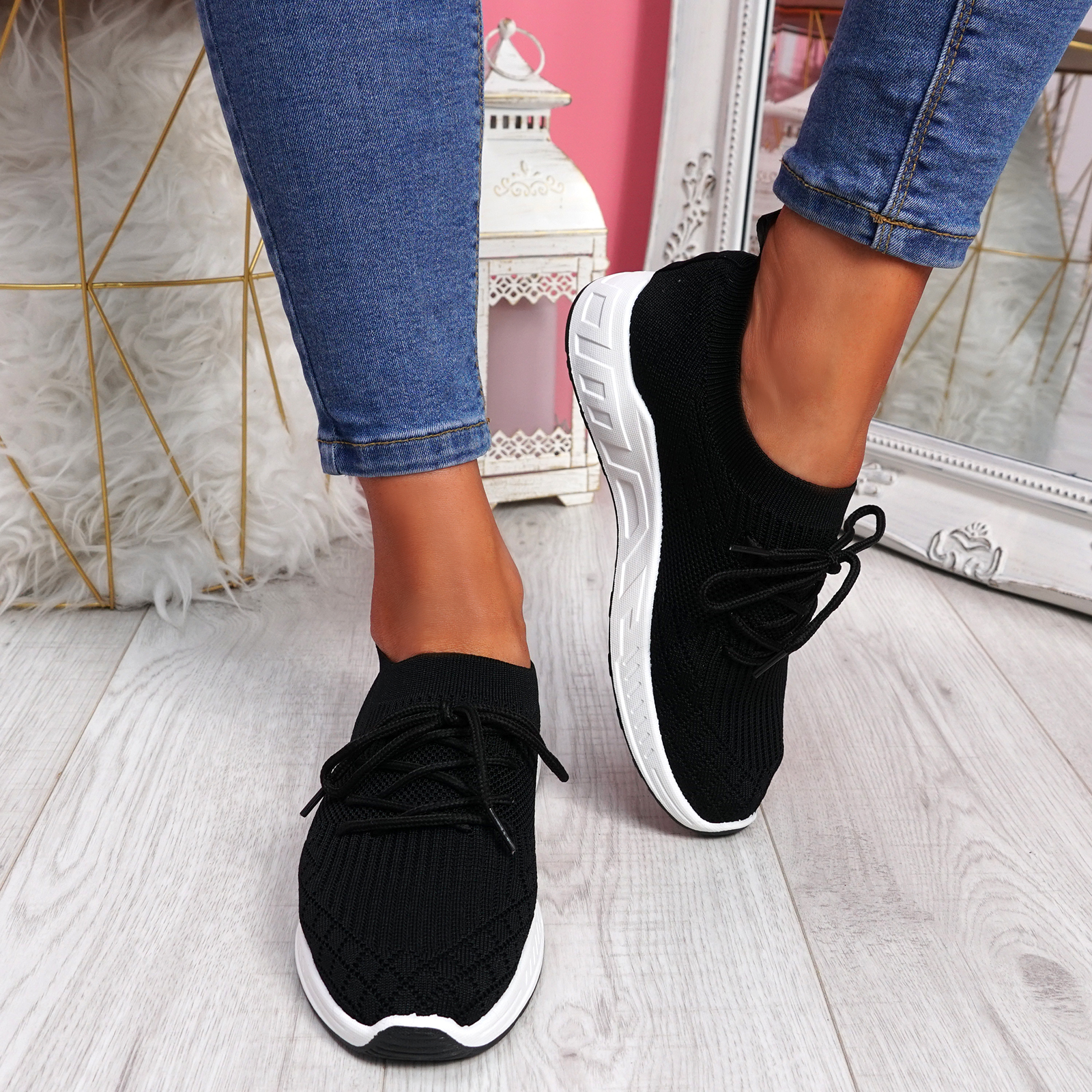 WOMENS LADIES KNIT TRAINERS SLIP ON LACE UP SNAKERS PARTY WOMEN SHOES ...