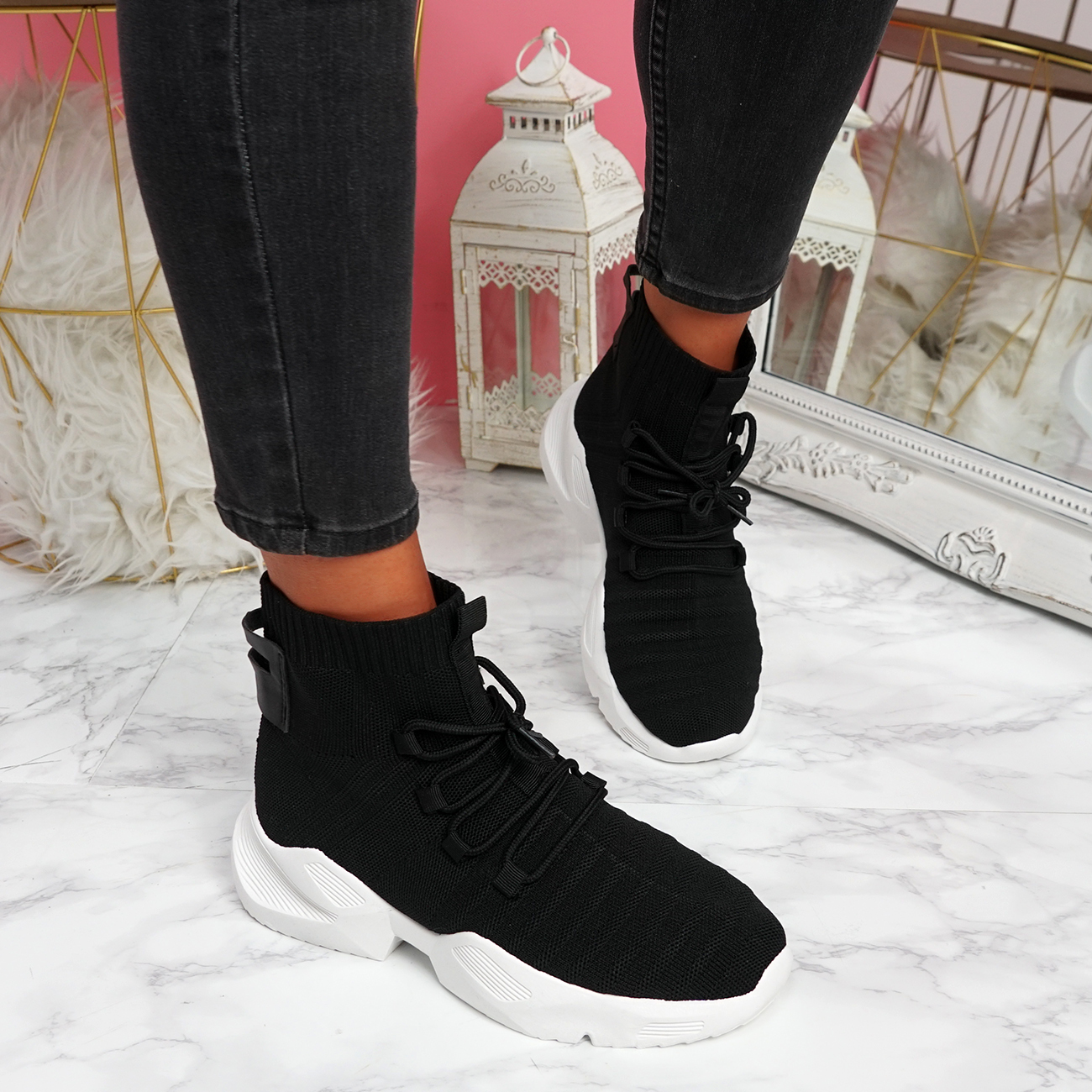 WOMENS LADIES LACE UP SOCK SNEAKERS CHUNKY TRAINERS WOMENS PARTY SHOES ...