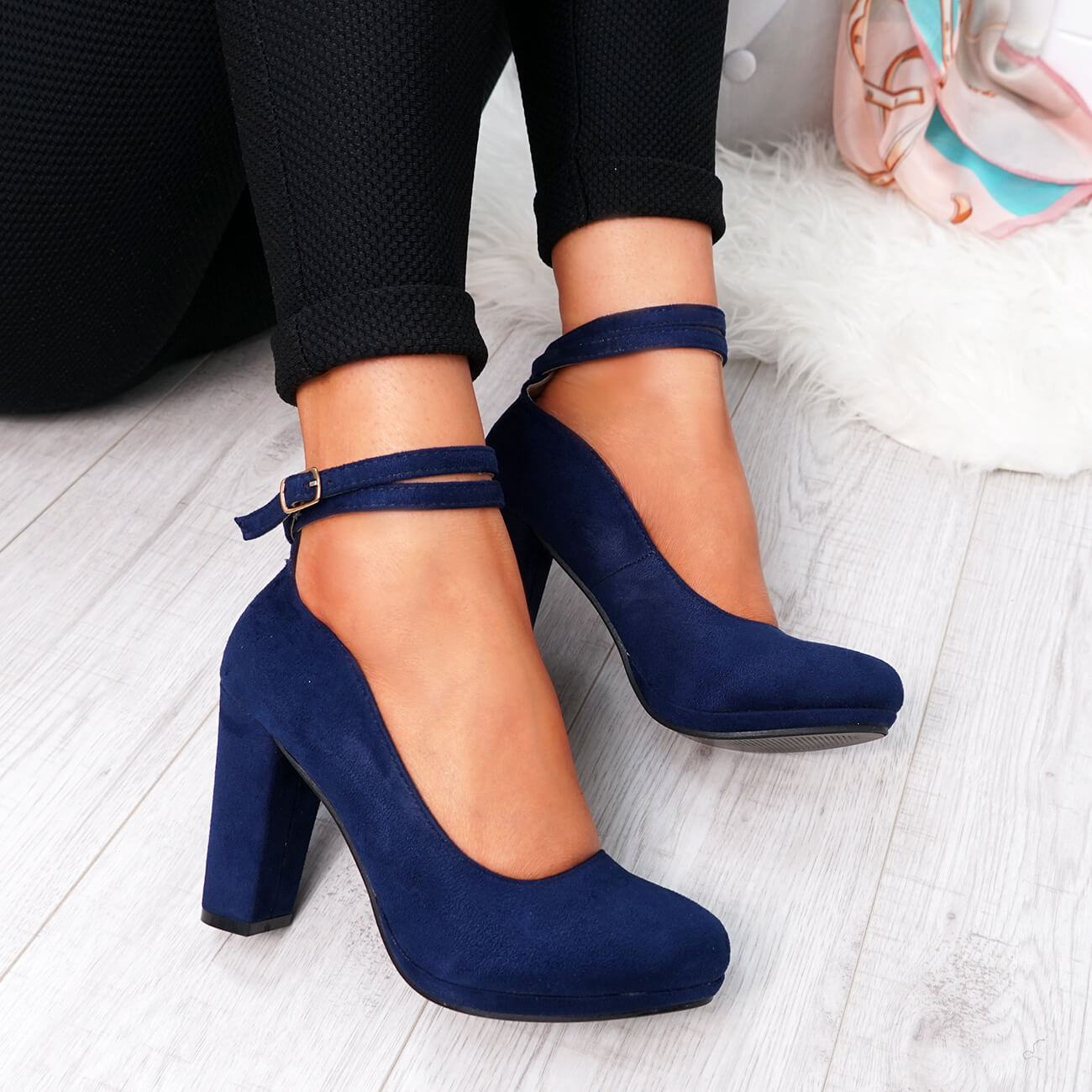 WOMENS LADIES ANKLE STRAP HIGH BLOCK HEELS ROUNDED TOE PUMPS OFFICE