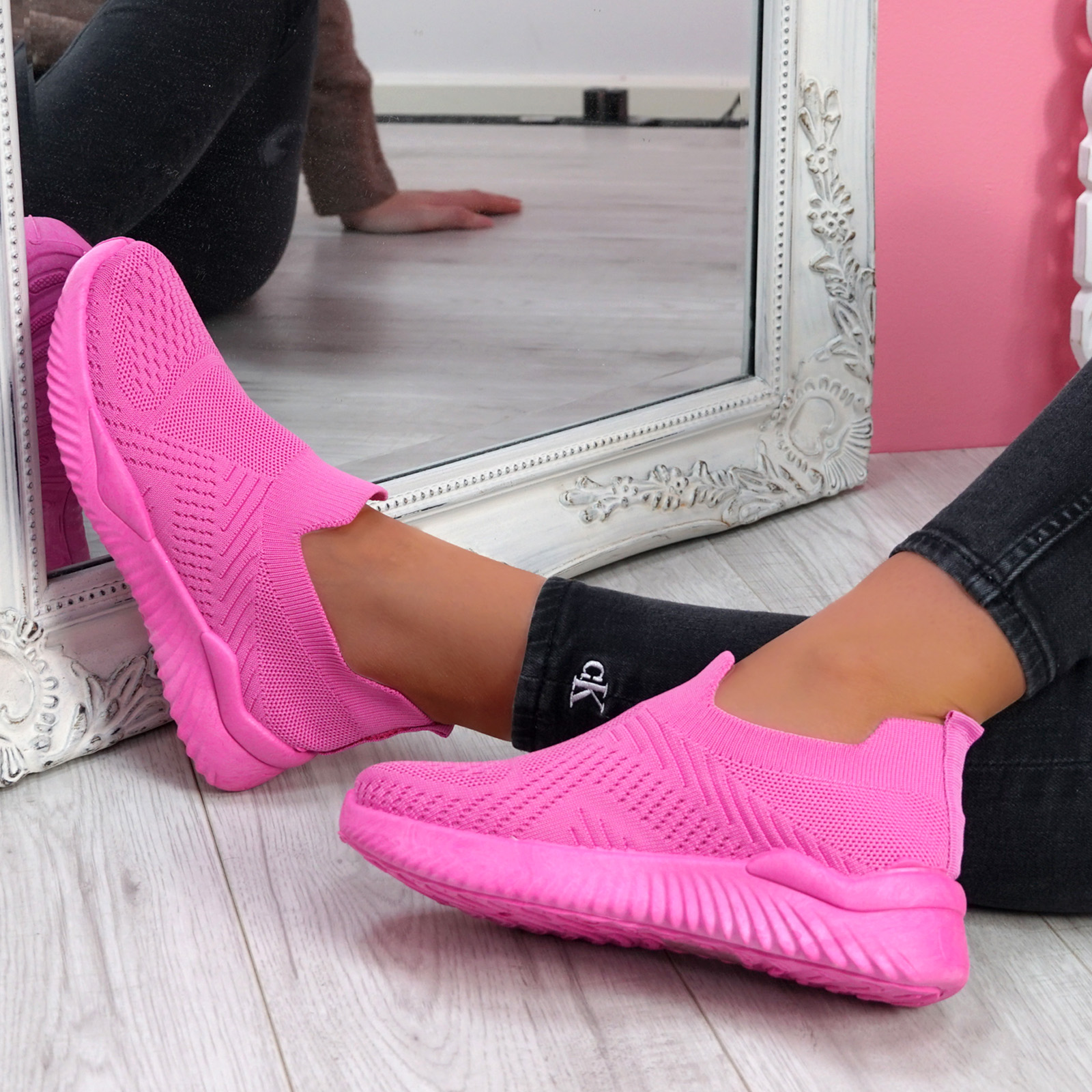 WOMENS KNIT SLIP ON SNEAKERS LADIES SPORT GYM TRAINERS FASHION SHOES SIZE  UK