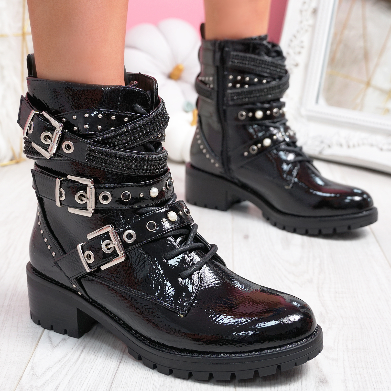 WOMENS LADIES ANKLE BOOTS ZIP BUCKLE STUDDED WOMEN BOOTS PARTY SHOES ...