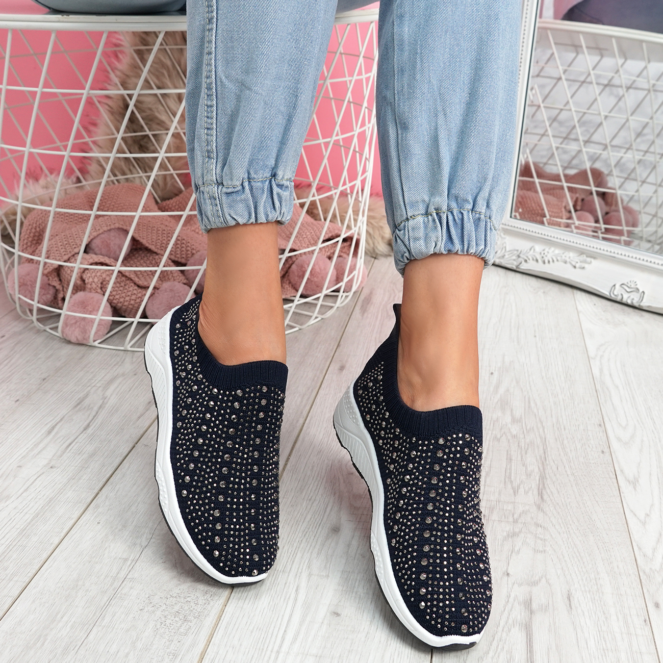WOMENS LADIES SLIP ON SOCK SNEAKERS DIAMANTE STUDDED PARTY TRAINERS ...