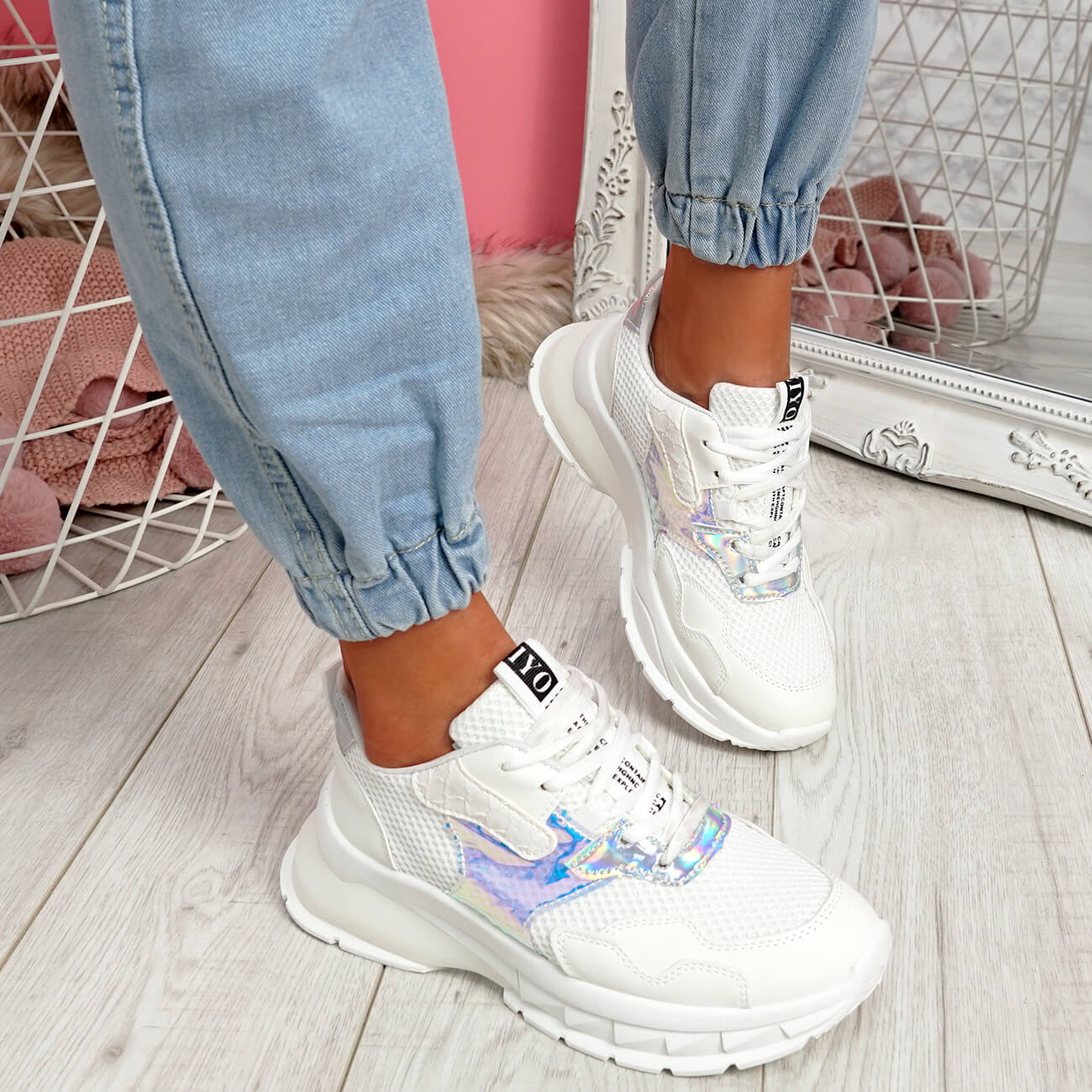 Holographic Lace-up Front Hollow Out Chunky Sneakers | SHEIN