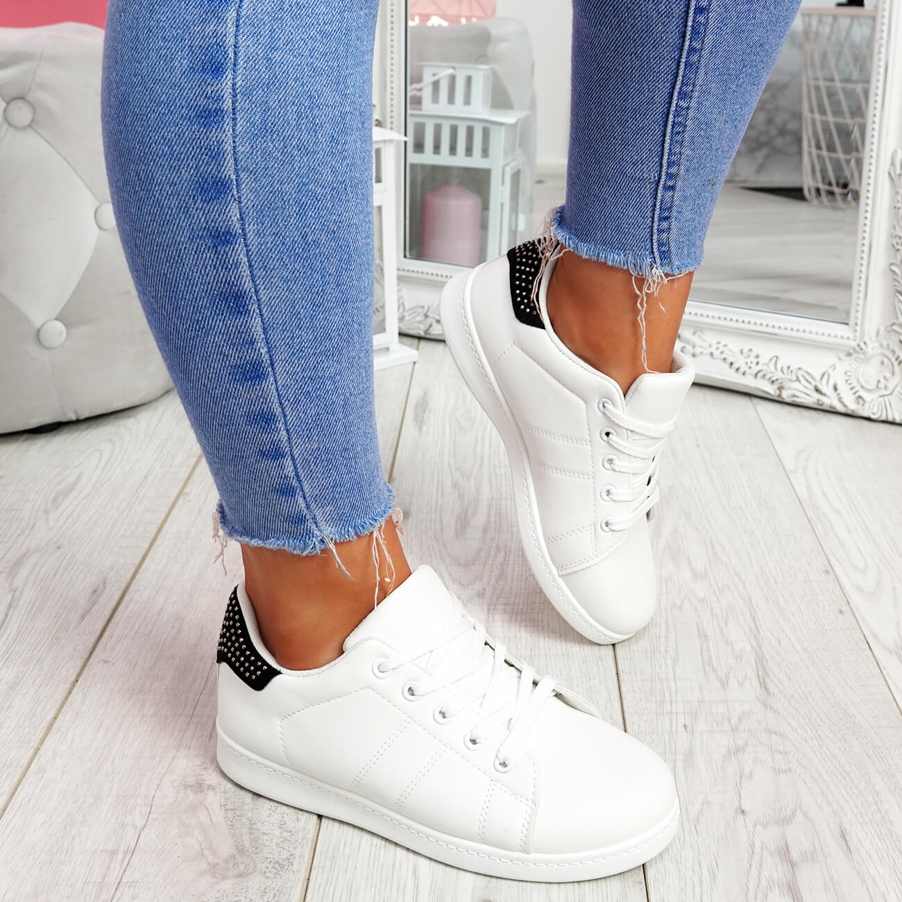 WOMENS LADIES LACE UP STUDDED PLIMSOLLS FLAT TRAINERS SNEAKERS PARTY ...