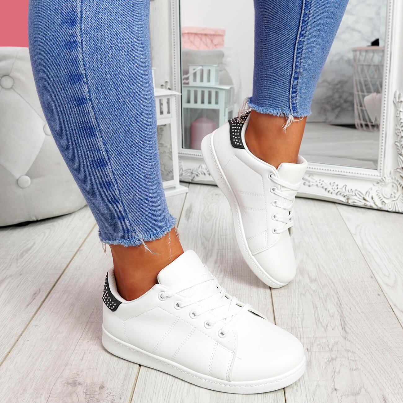 WOMENS LADIES FLATFORM SNEAKERS STUDDED LACE UP TRAINERS CASUAL PARTY SHOES SIZE 
