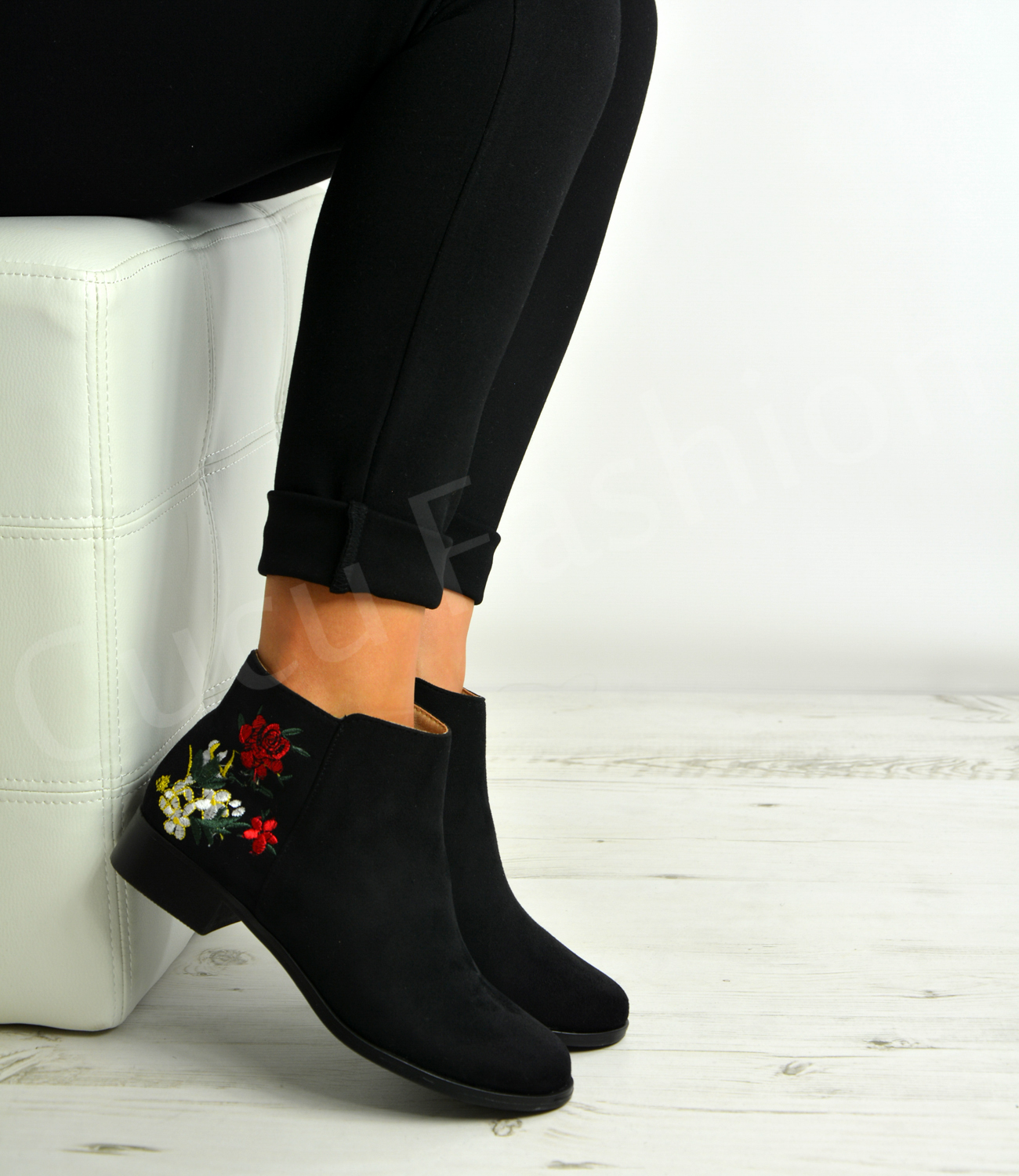 New Womens Ladies Ankle Boots Embroidered Flowers Zip Low Heel Shoes ...