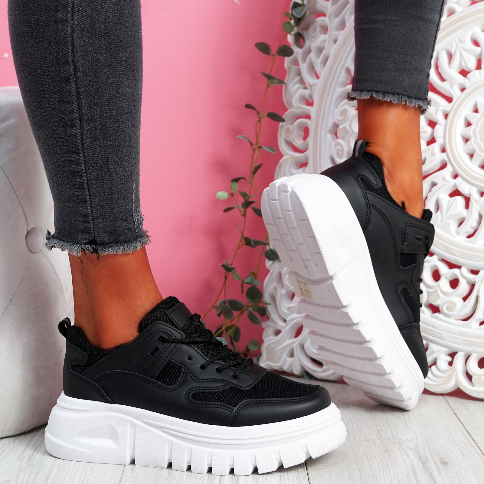 Ladies Lace Up Trainers Chunky Heel High Platform Sneakers Casual Shoes Size 3-8 